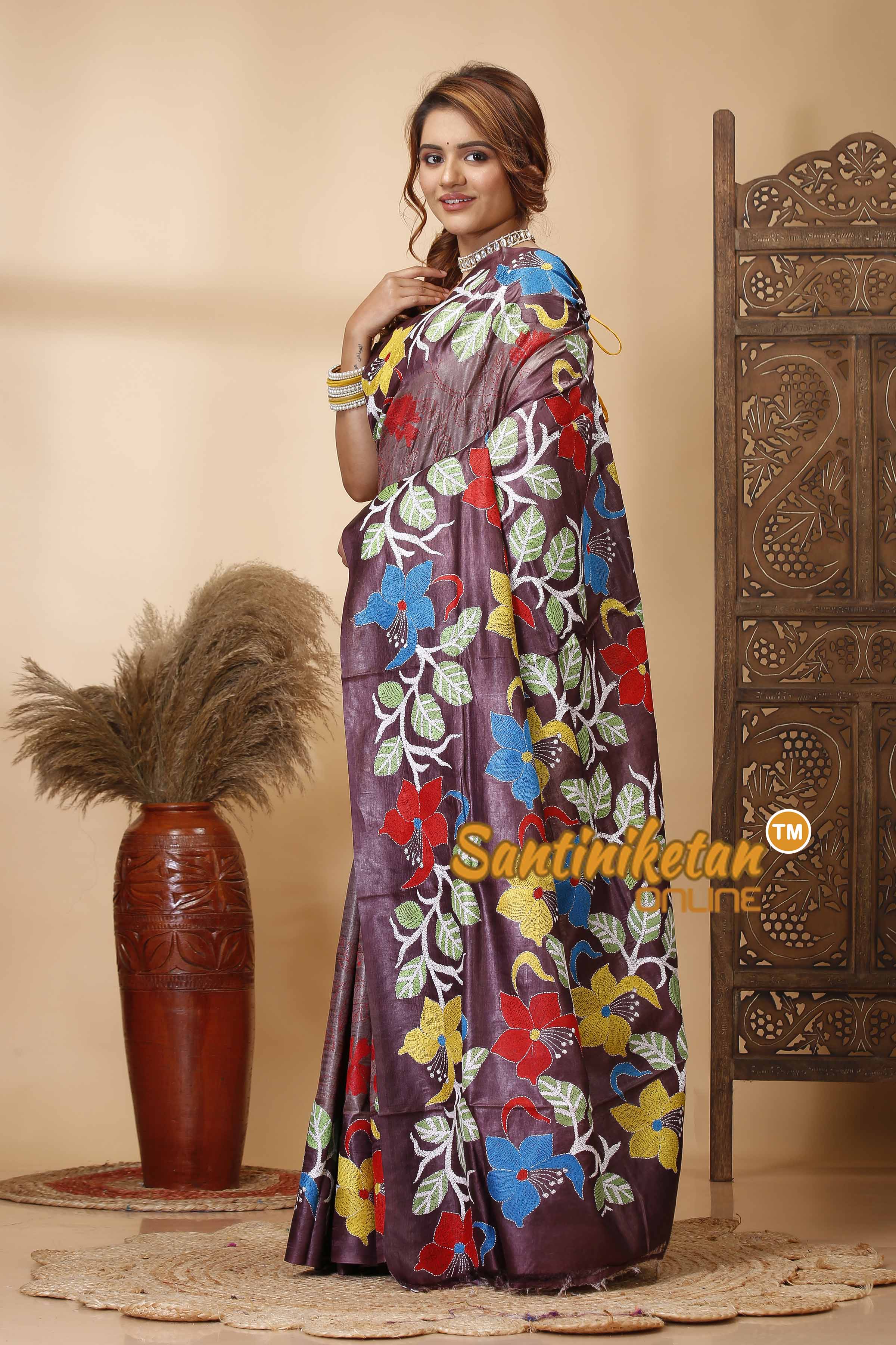 Dye Pure Gachi Tussar Silk Kantha Stitch Saree SN202521697