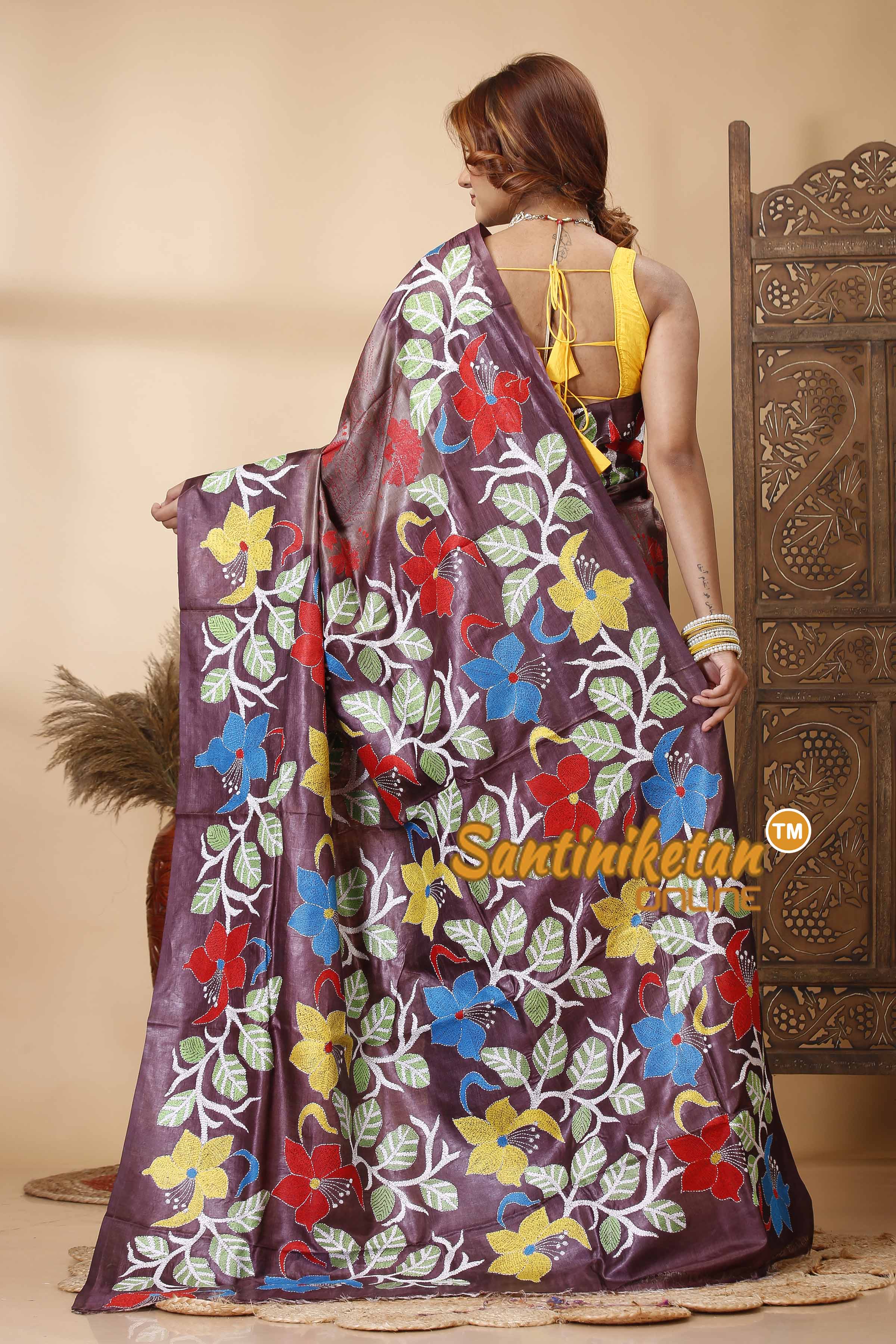 Dye Pure Gachi Tussar Silk Kantha Stitch Saree SN202521697