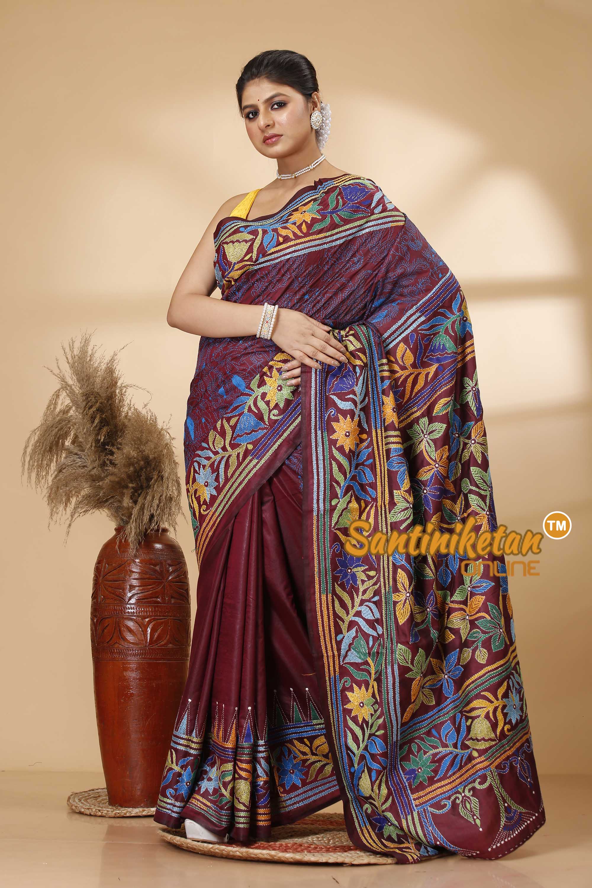 Pure Bangalore Silk Kantha Stitch Saree SN202521728