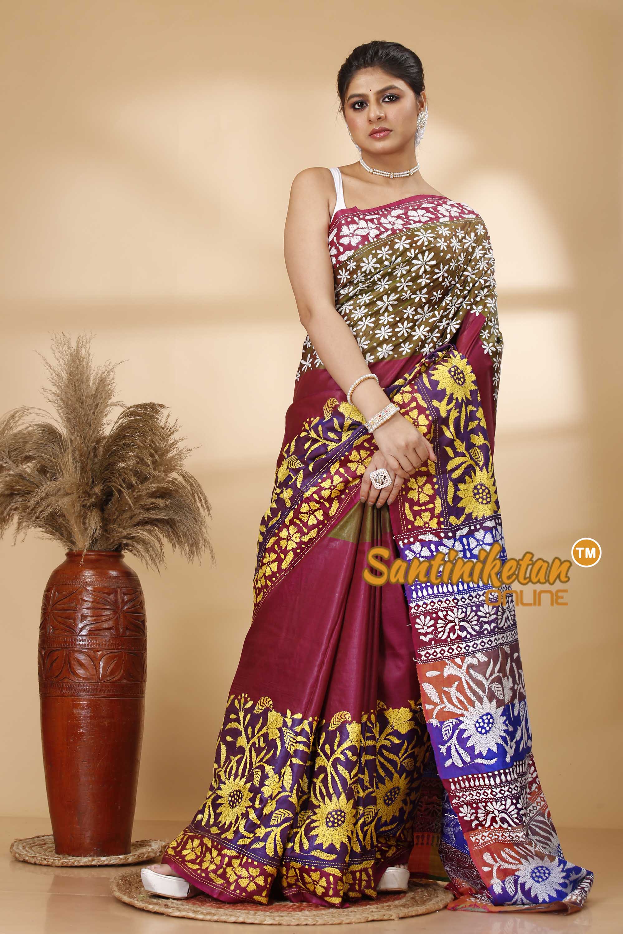 Bishnupuri (Katan) Silk Kantha Stitch Saree SN202521781