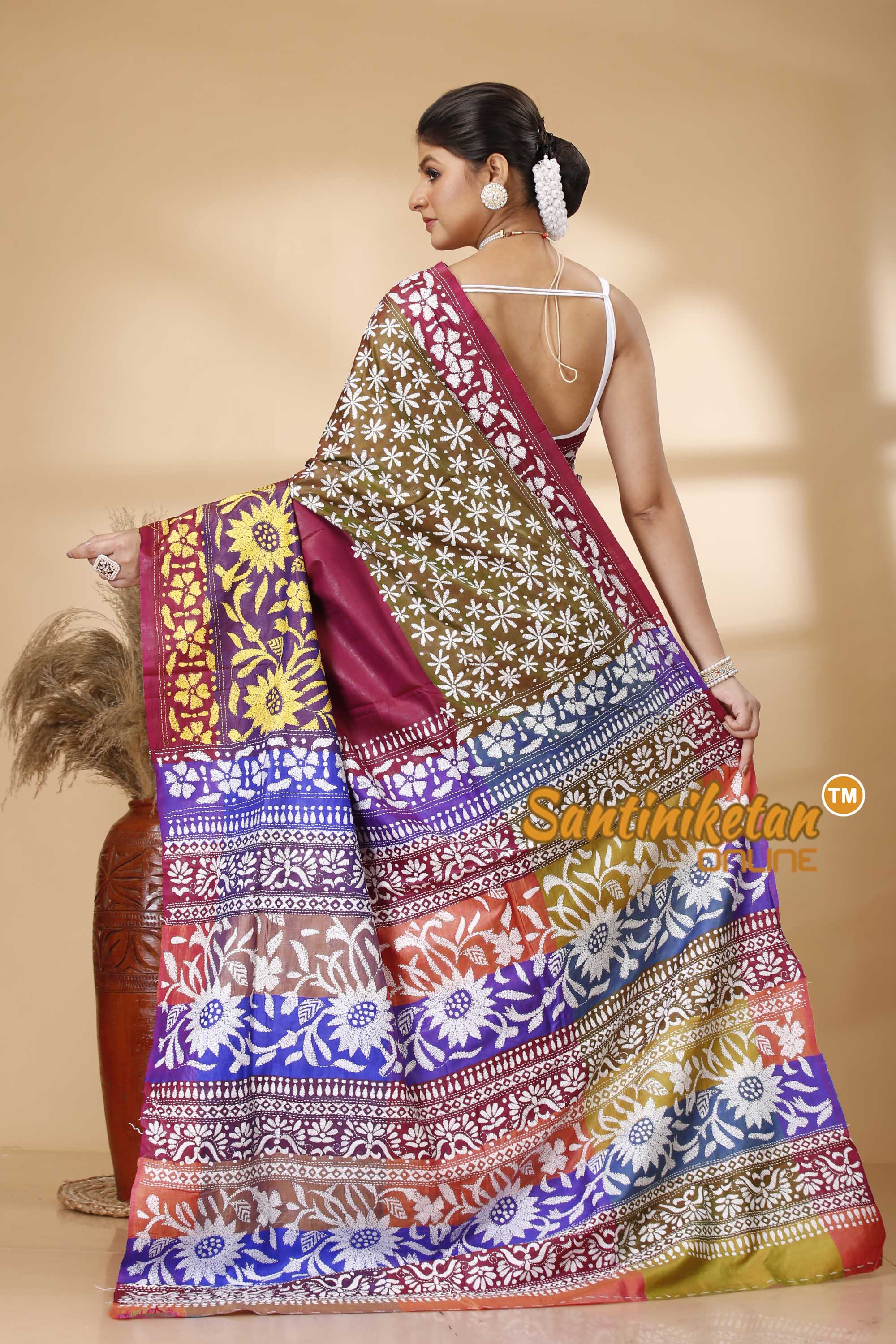 Bishnupuri (Katan) Silk Kantha Stitch Saree SN202521781