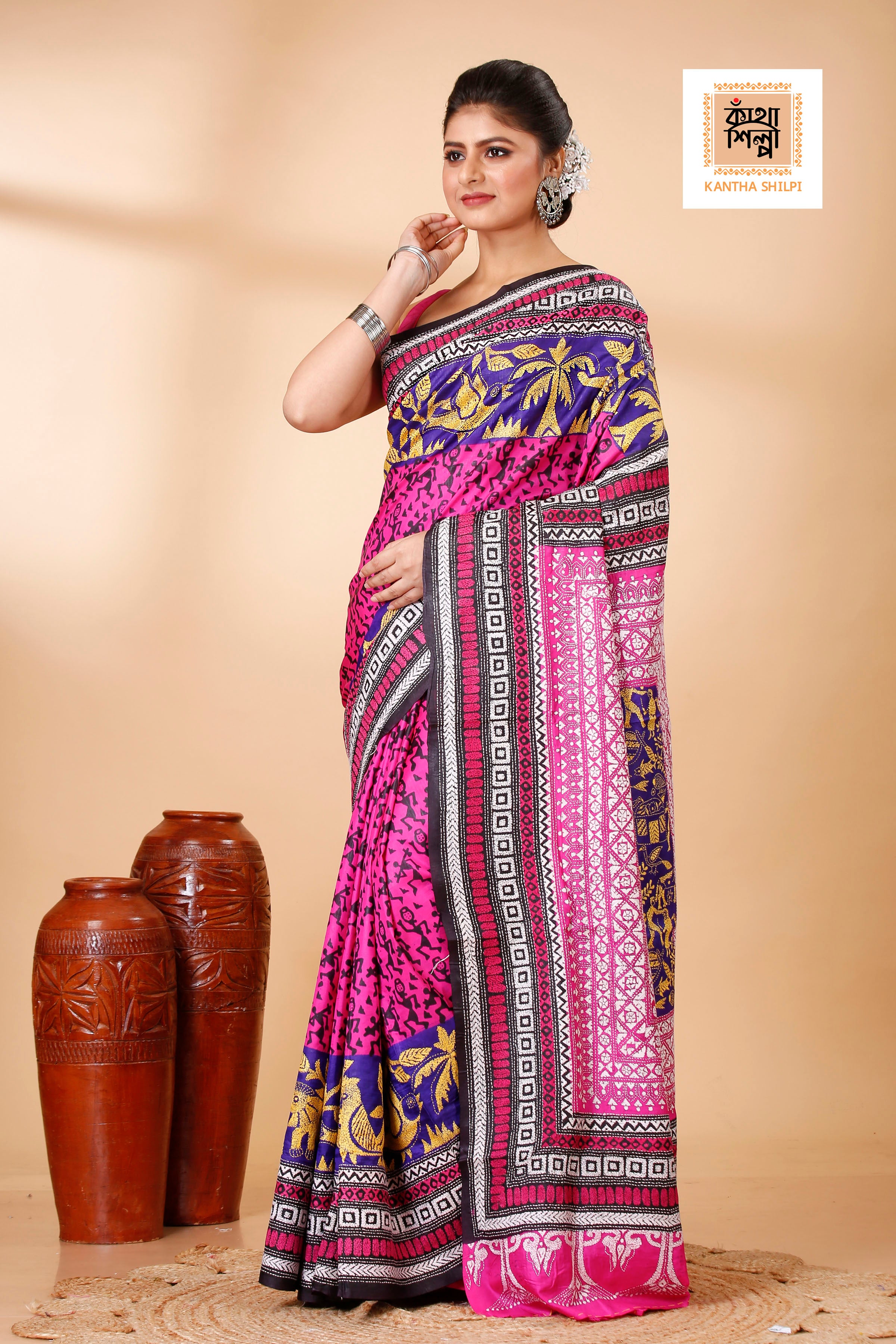 Pure Bangalore Silk Kantha Stitch Saree SN202521807