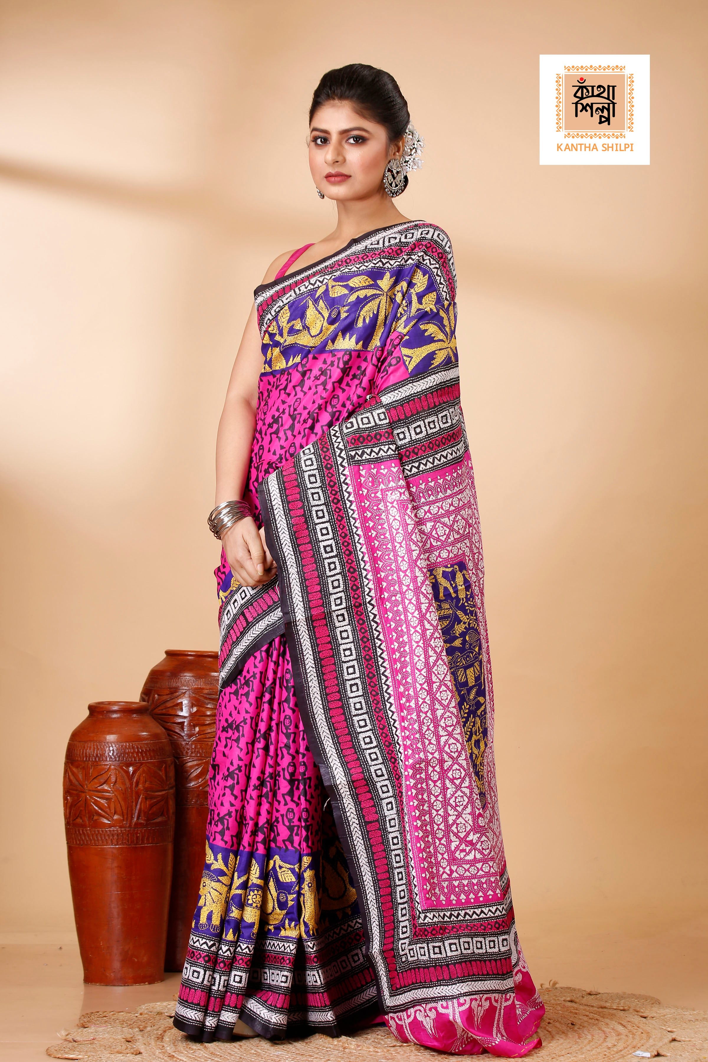 Pure Bangalore Silk Kantha Stitch Saree SN202521807
