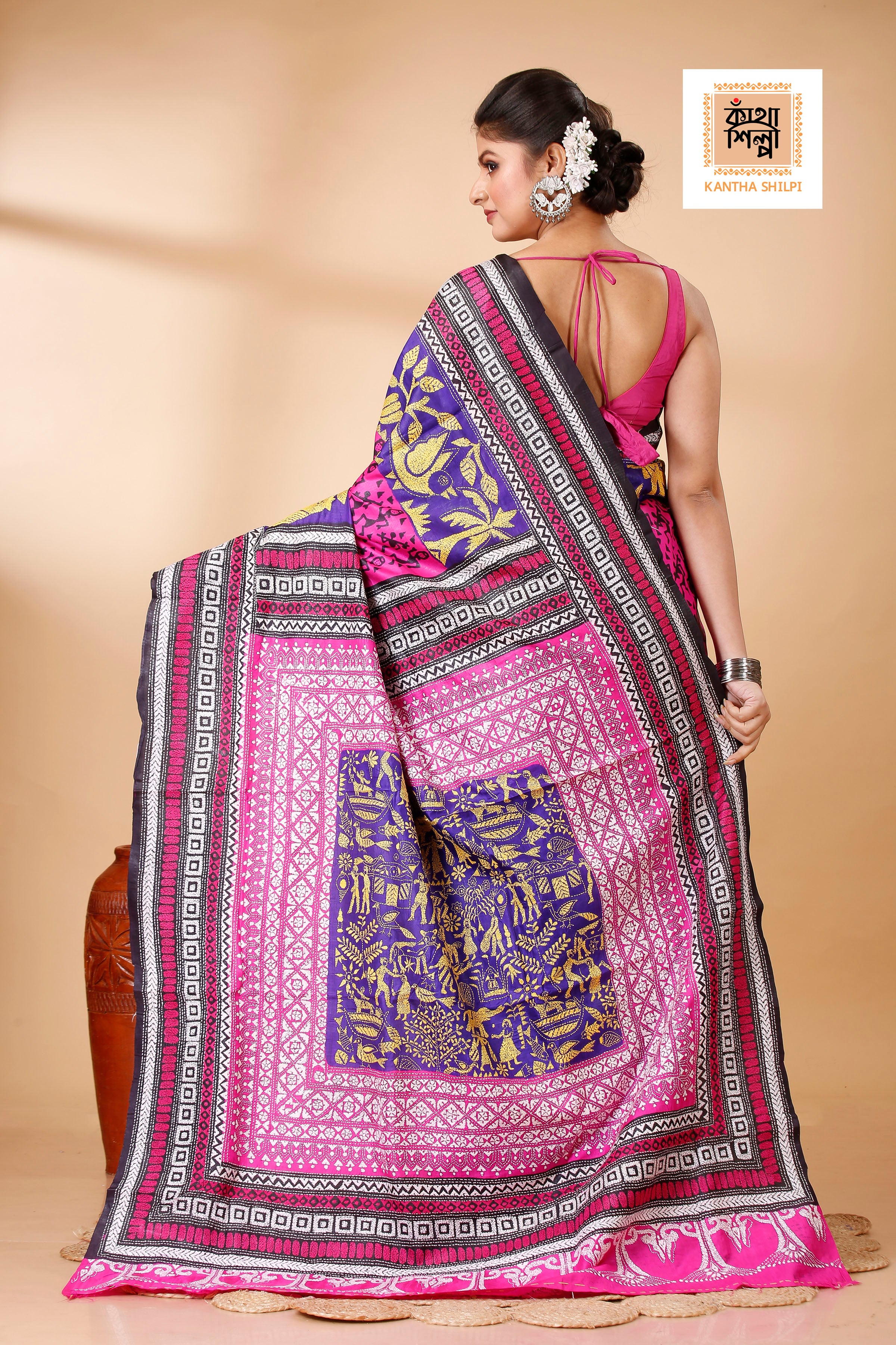 Pure Bangalore Silk Kantha Stitch Saree SN202521807