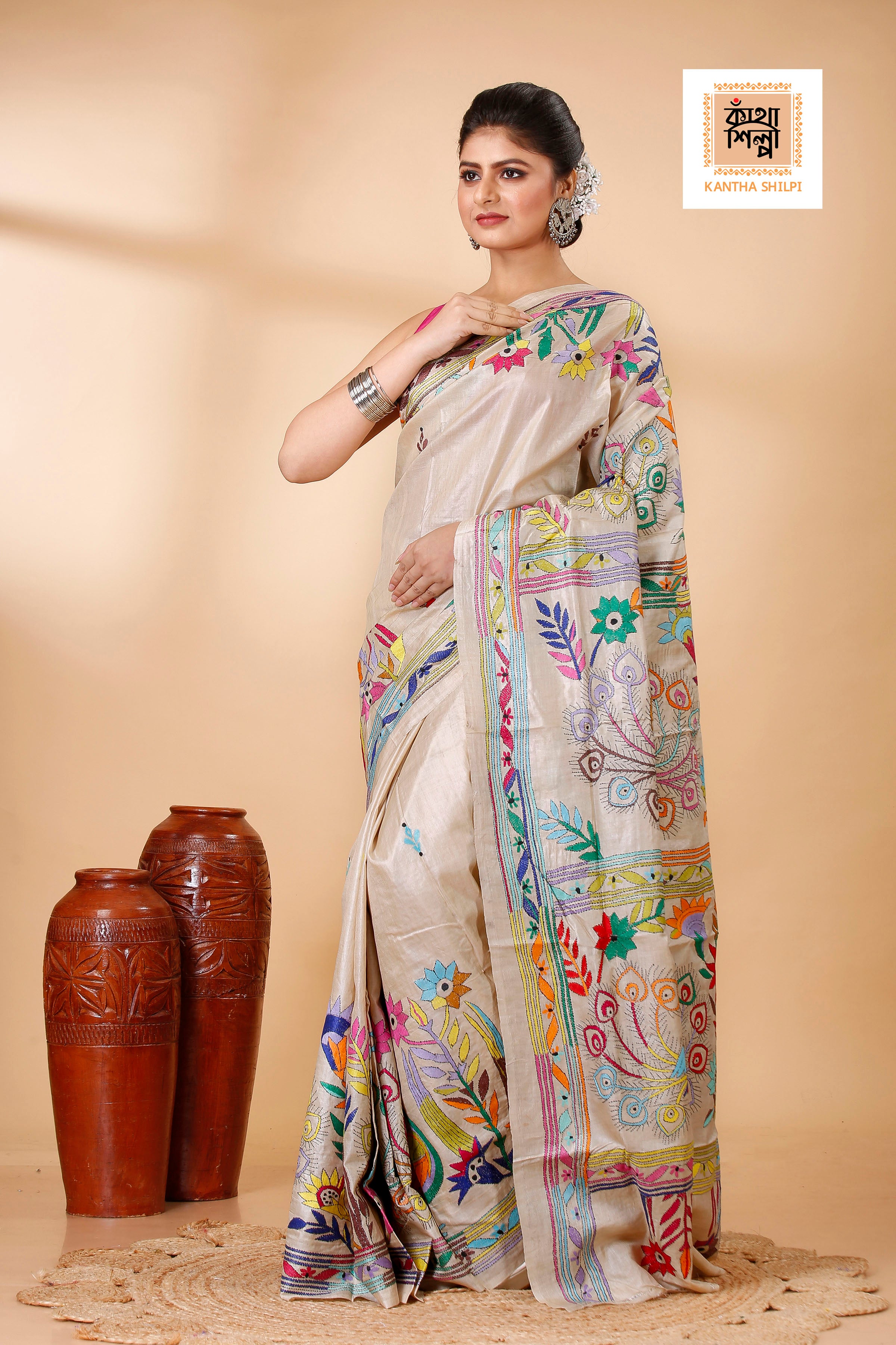 Beige Color Pure Gachi Tussar Multicolor Thread Peacock and Floral Design Kantha Stitch Saree
