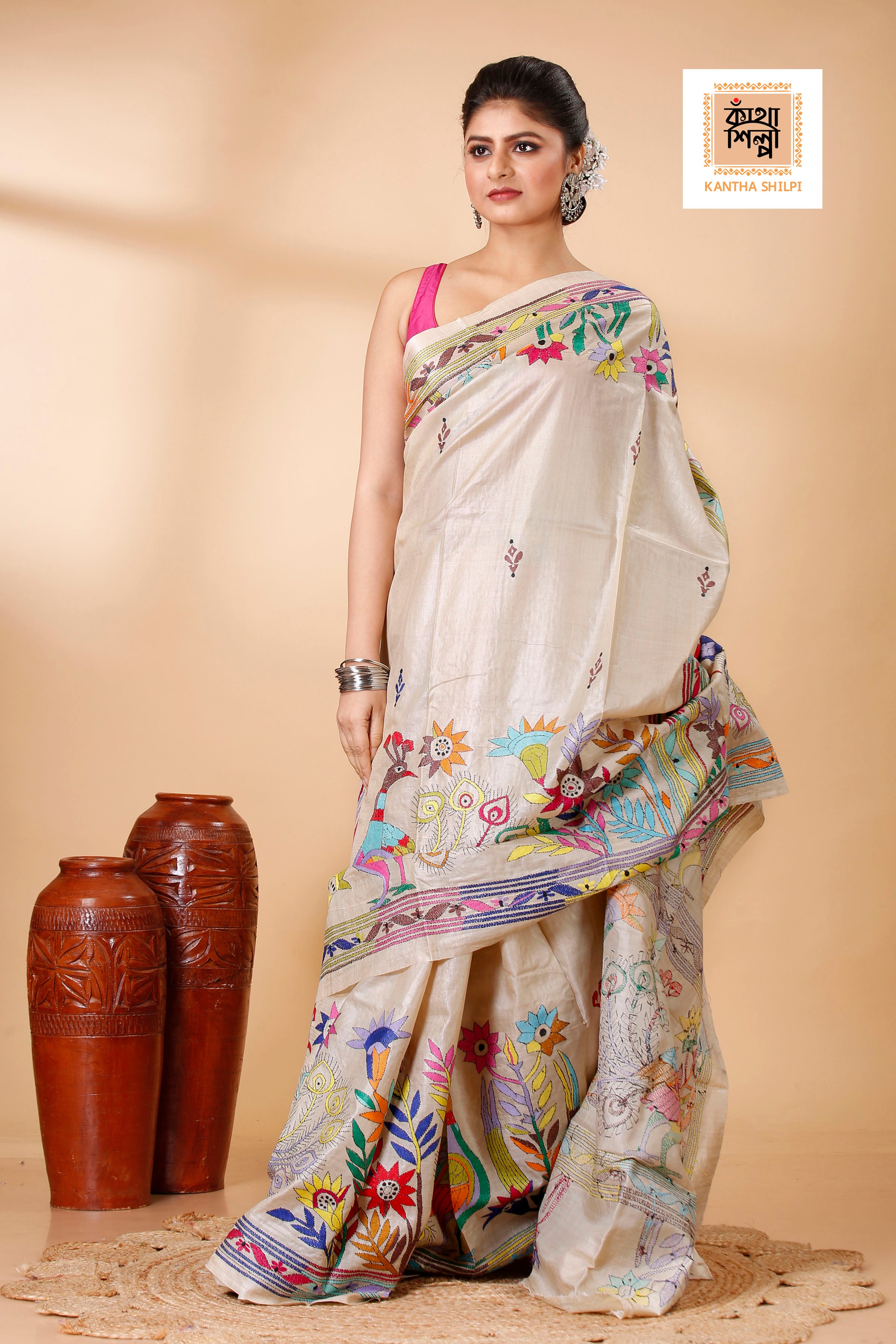 Beige Color Pure Gachi Tussar Multicolor Thread Peacock and Floral Design Kantha Stitch Saree