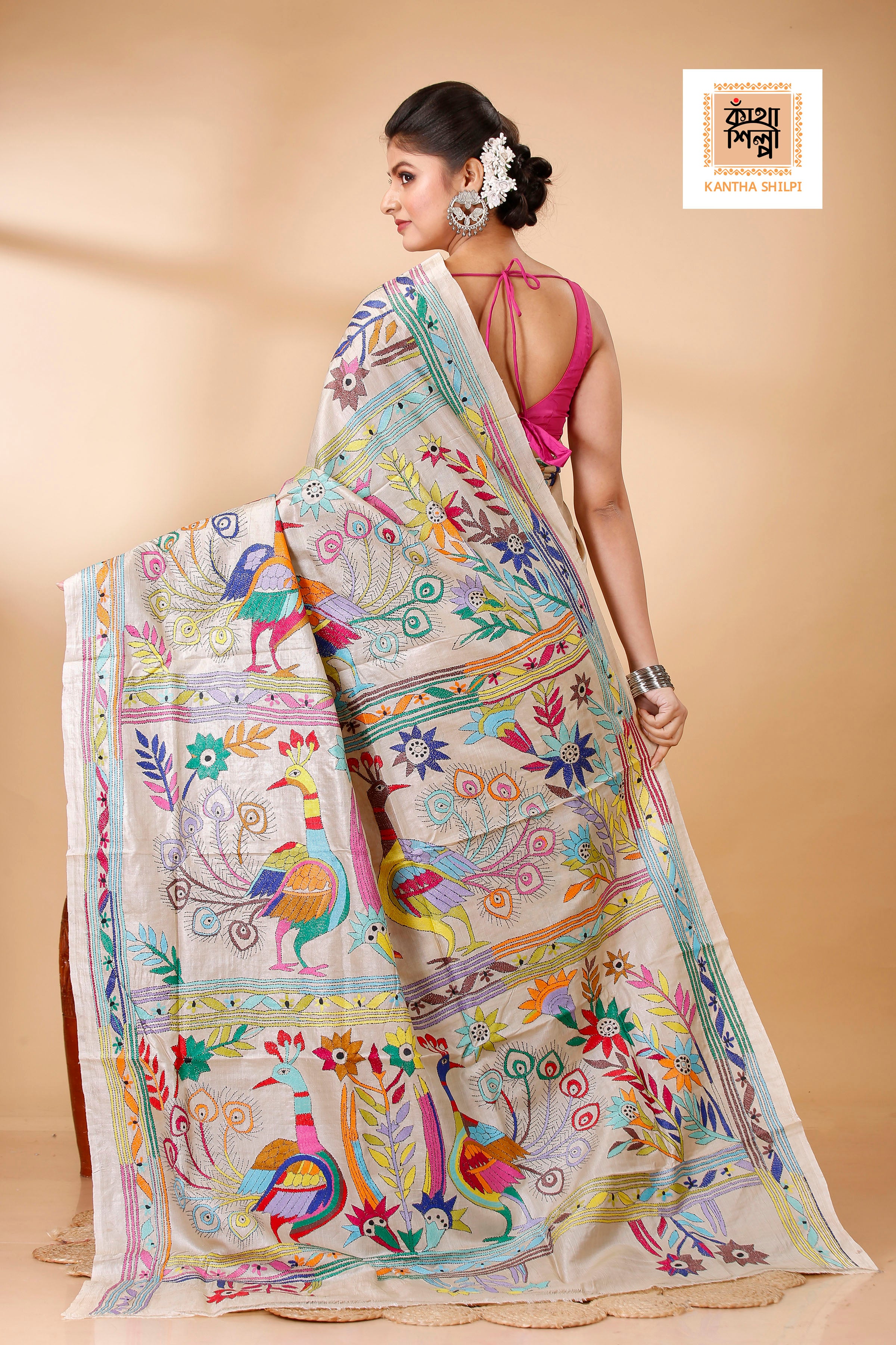 Beige Color Pure Gachi Tussar Multicolor Thread Peacock and Floral Design Kantha Stitch Saree