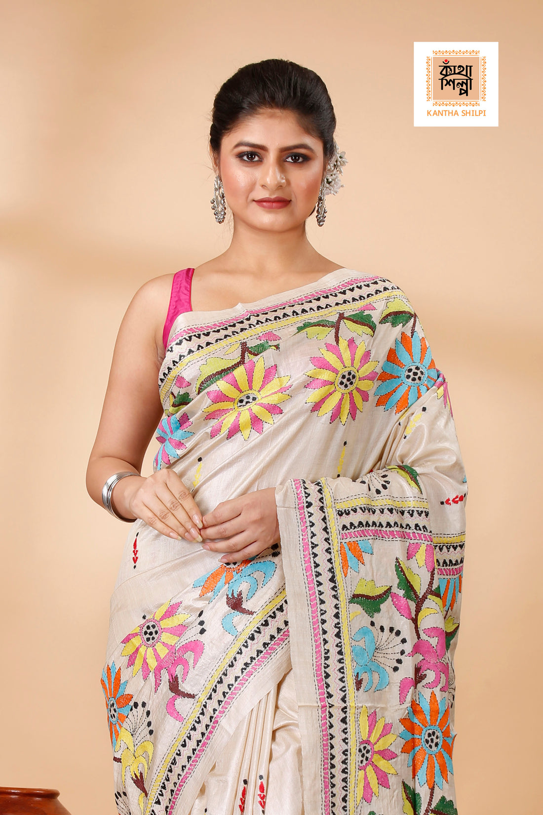 Beige Color Pure Gachi Tussar Floral Motif Kantha Stitch Saree