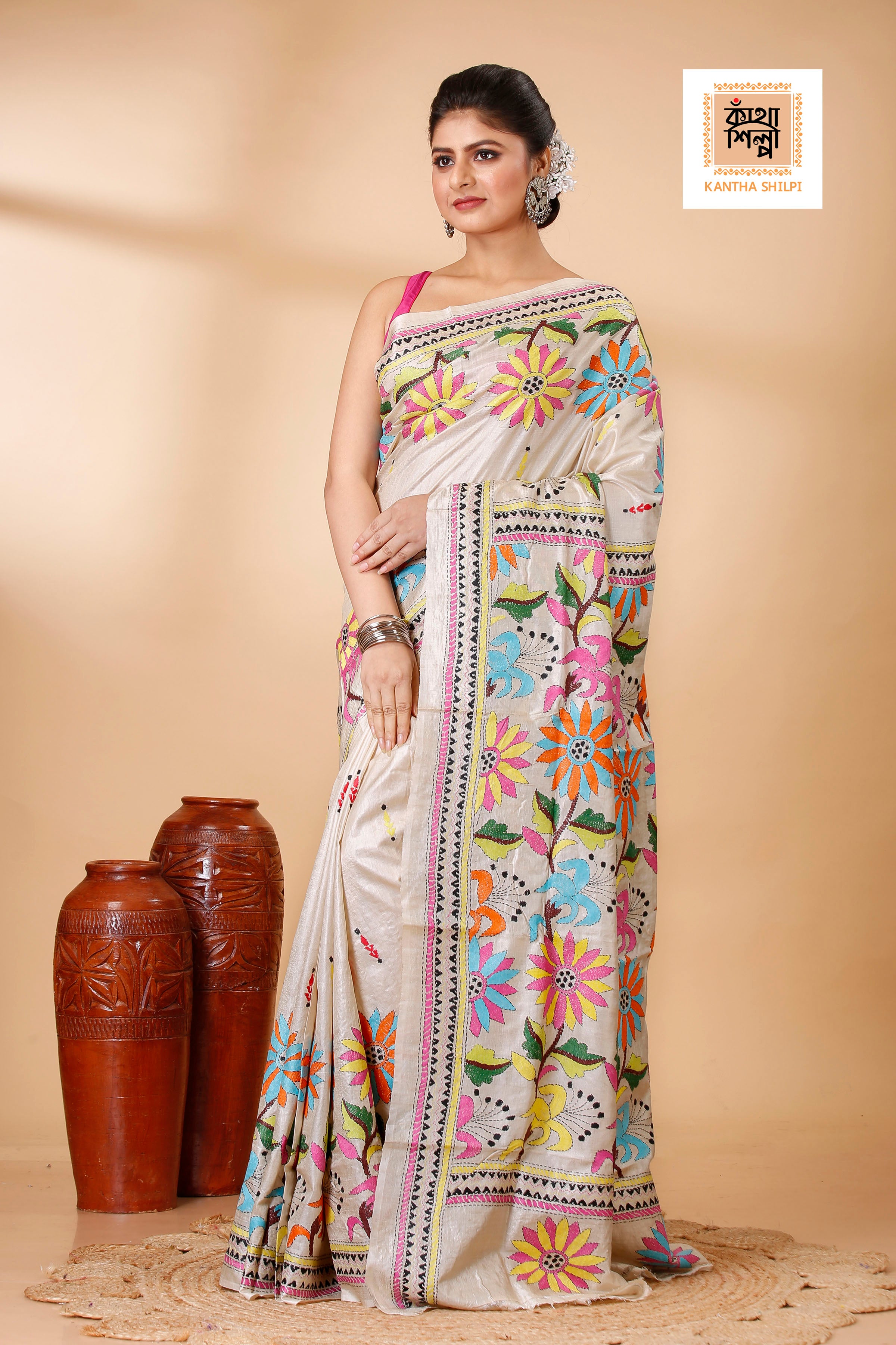 Beige Color Pure Gachi Tussar Floral Motif Kantha Stitch Saree