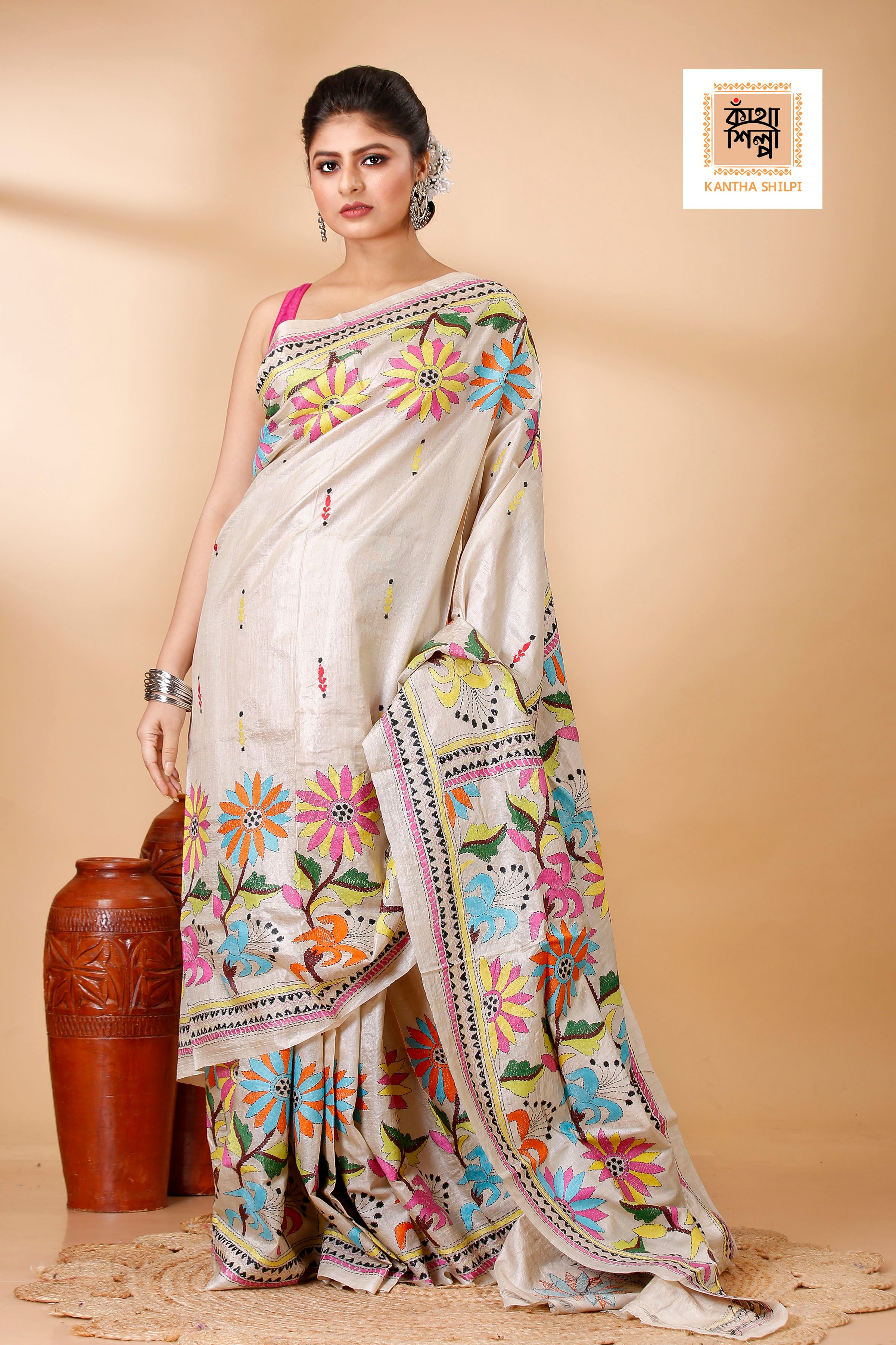 Beige Color Pure Gachi Tussar Floral Motif Kantha Stitch Saree