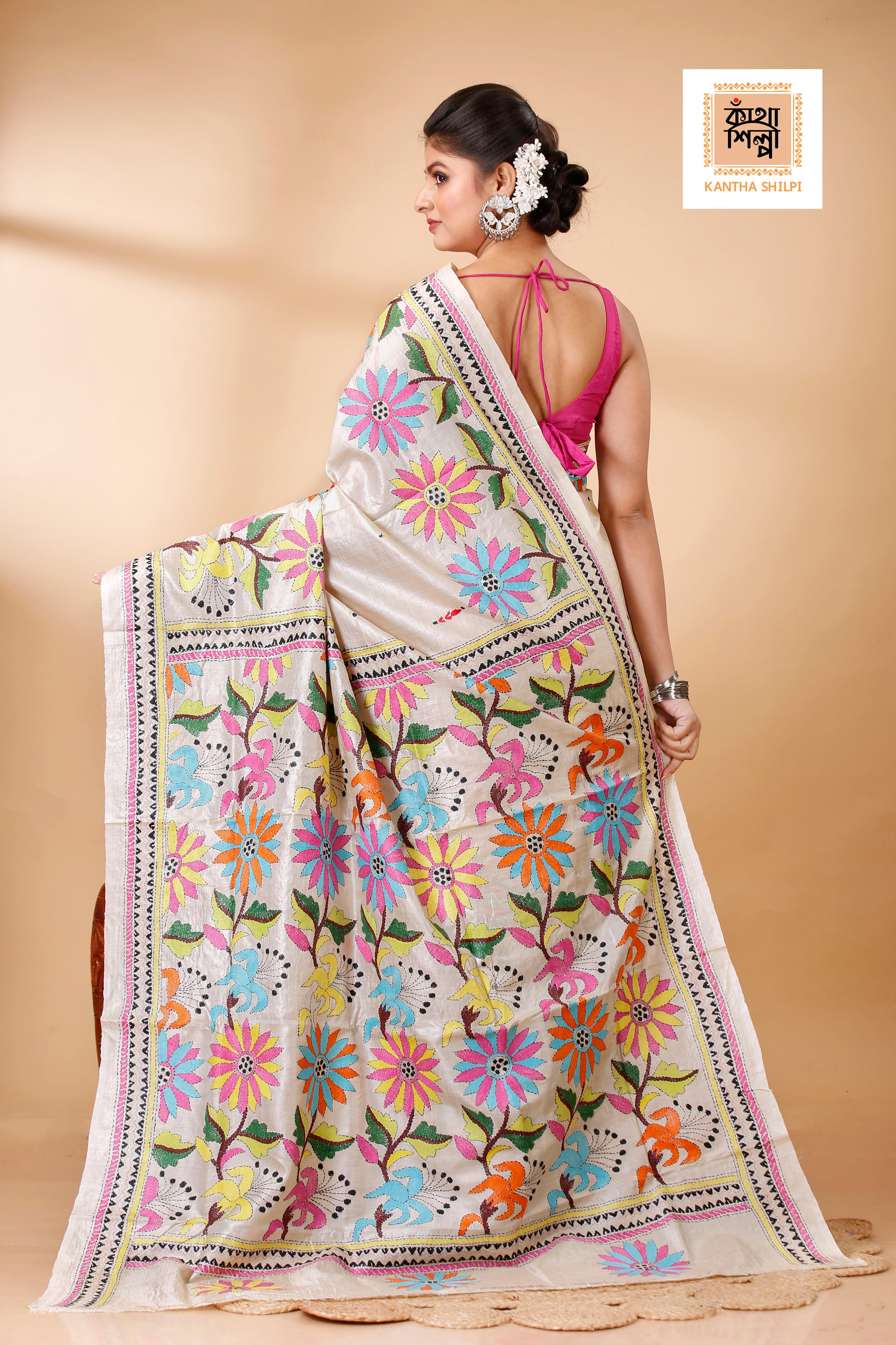 Beige Color Pure Gachi Tussar Floral Motif Kantha Stitch Saree