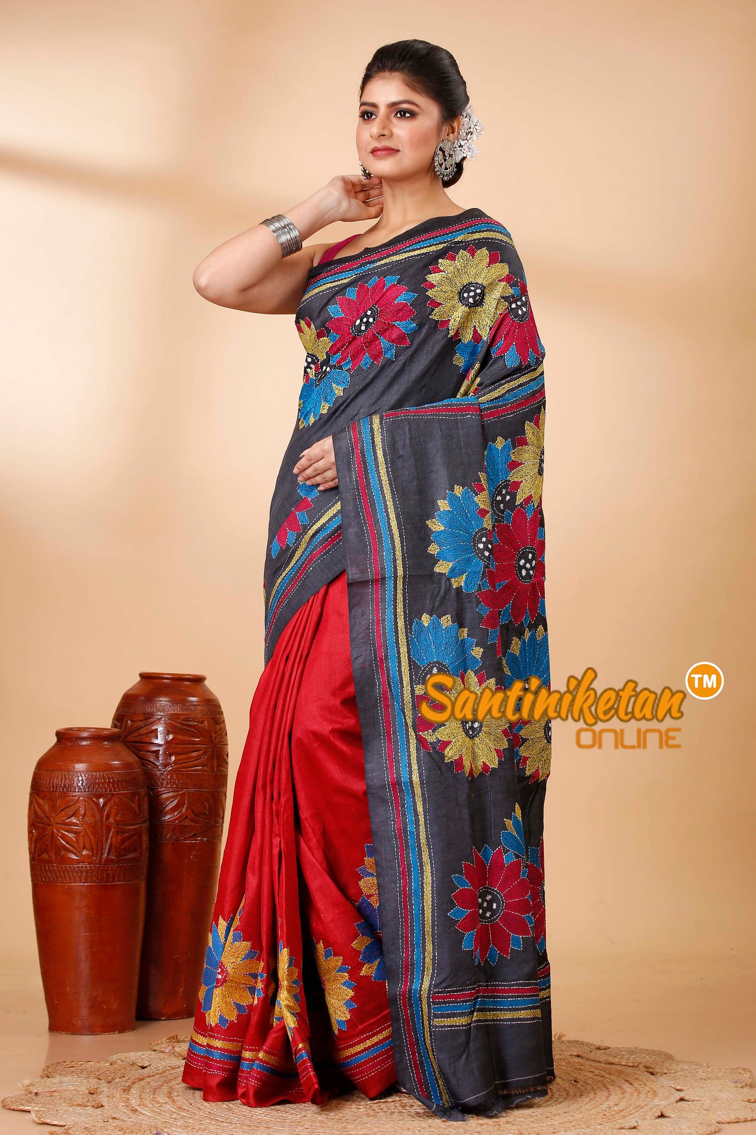 Pure Dye Ketiya Tussar Silk Kantha Stitch Saree SN202521849