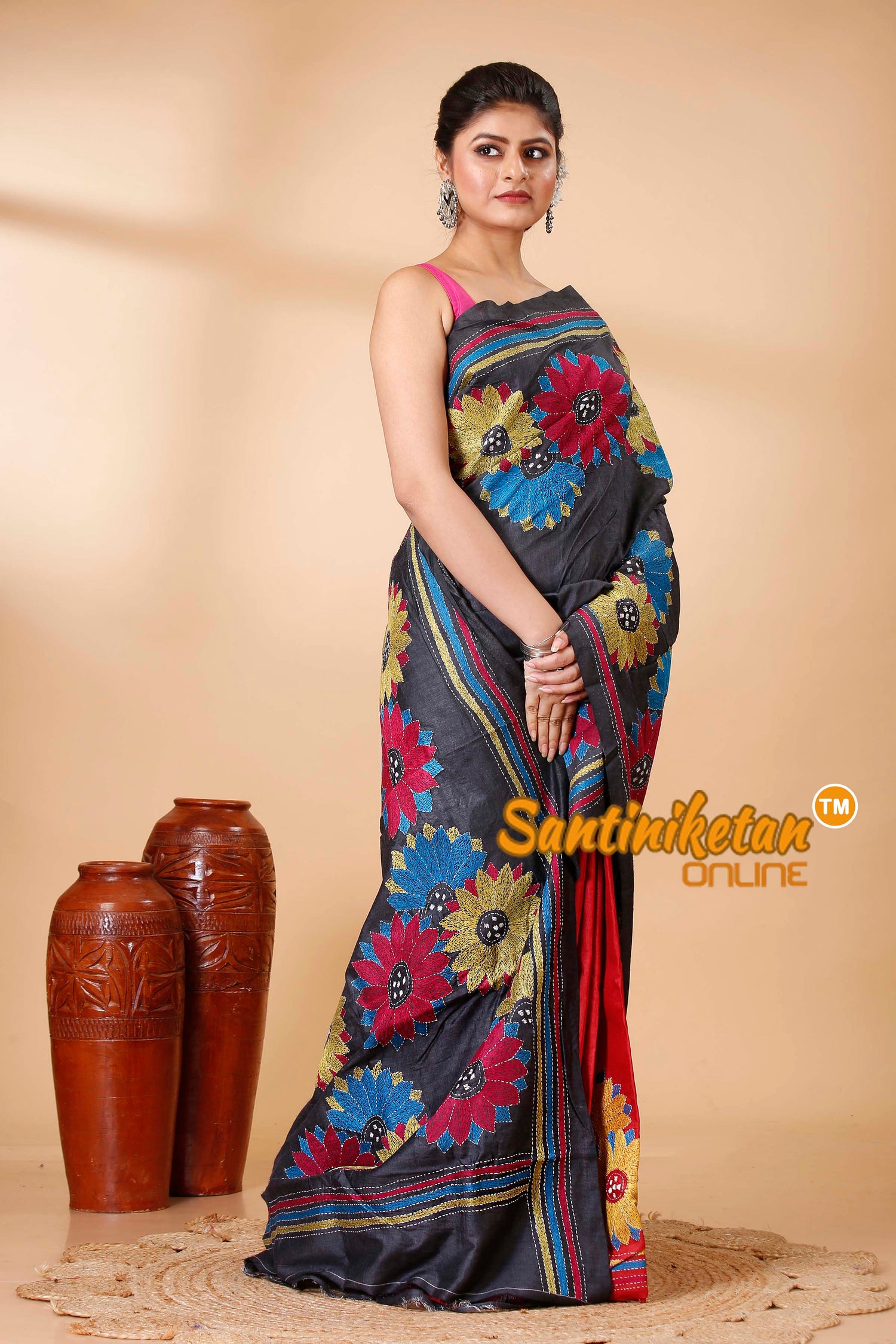 Pure Dye Ketiya Tussar Silk Kantha Stitch Saree SN202521849