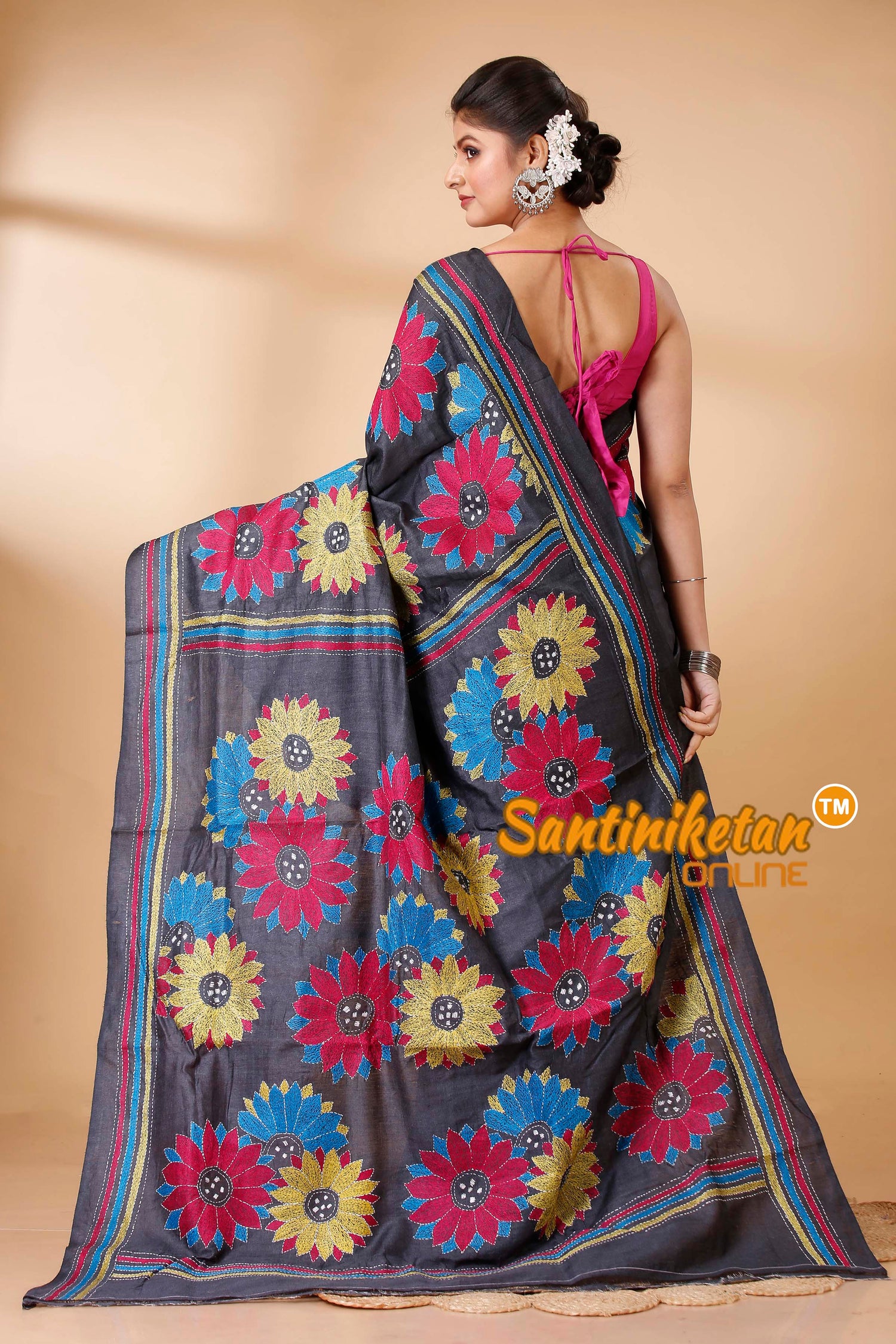 Pure Dye Ketiya Tussar Silk Kantha Stitch Saree SN202521849