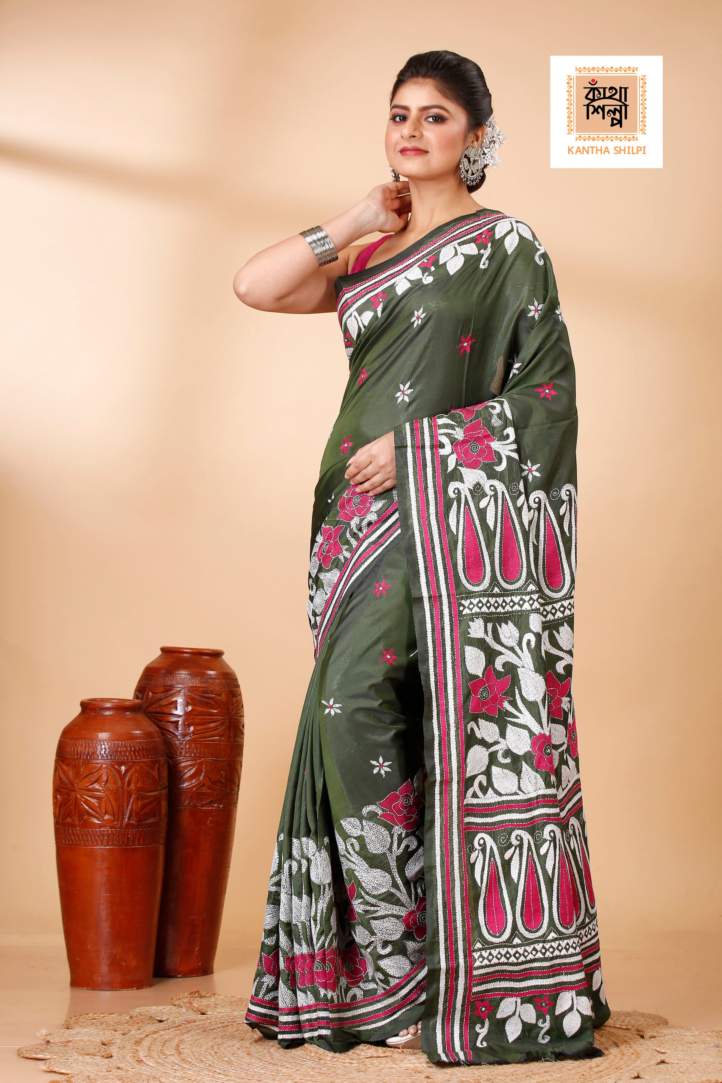 Bangalore Silk Kantha Stitch Saree SN202521874