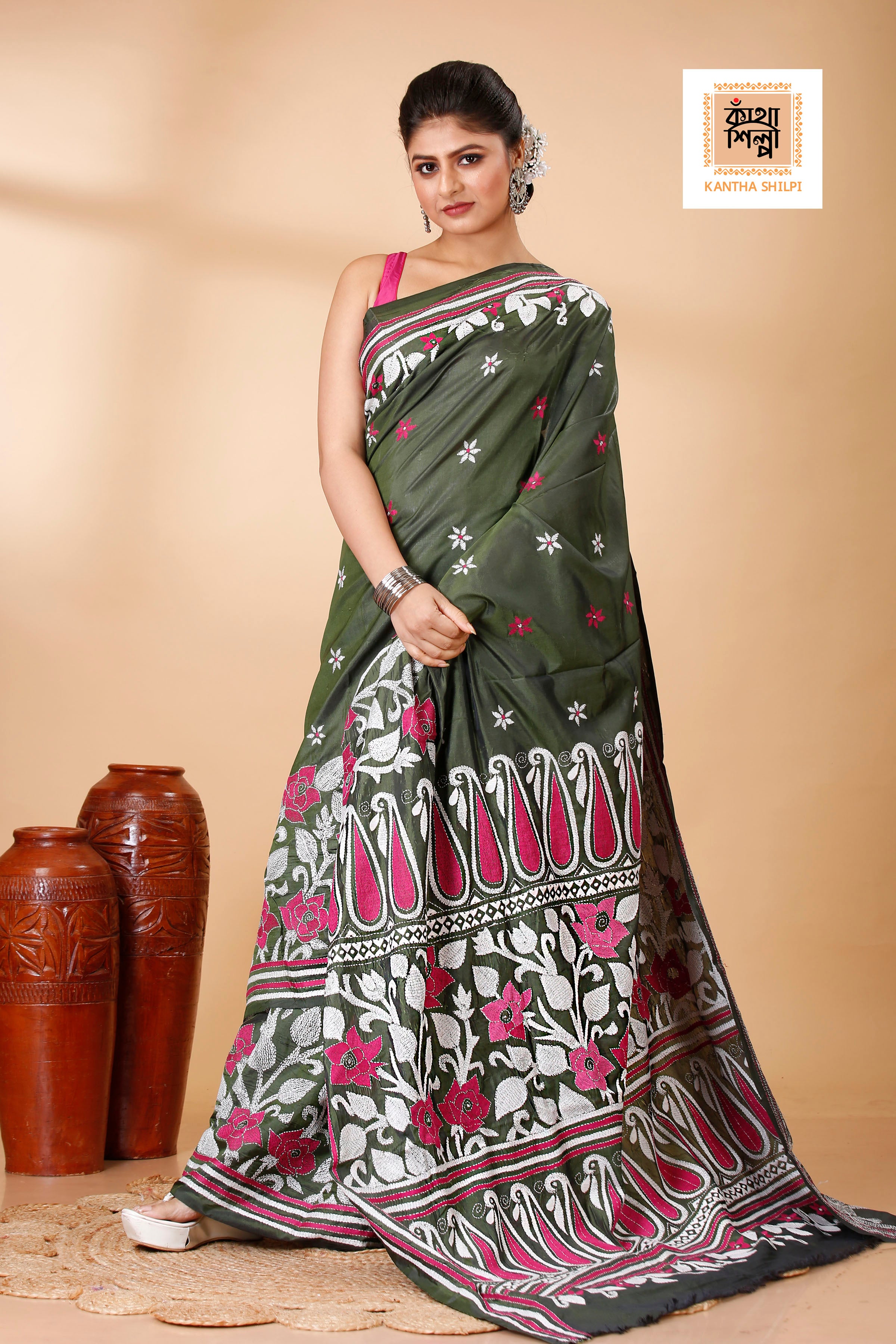 Bangalore Silk Kantha Stitch Saree SN202521874