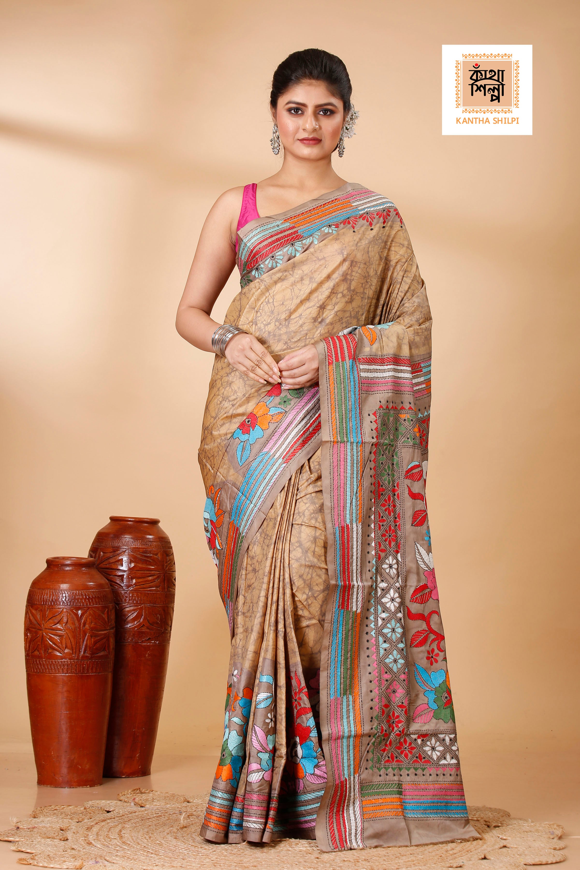Bangalore Silk Hand Batik and Kantha Stitch Saree SN202521880