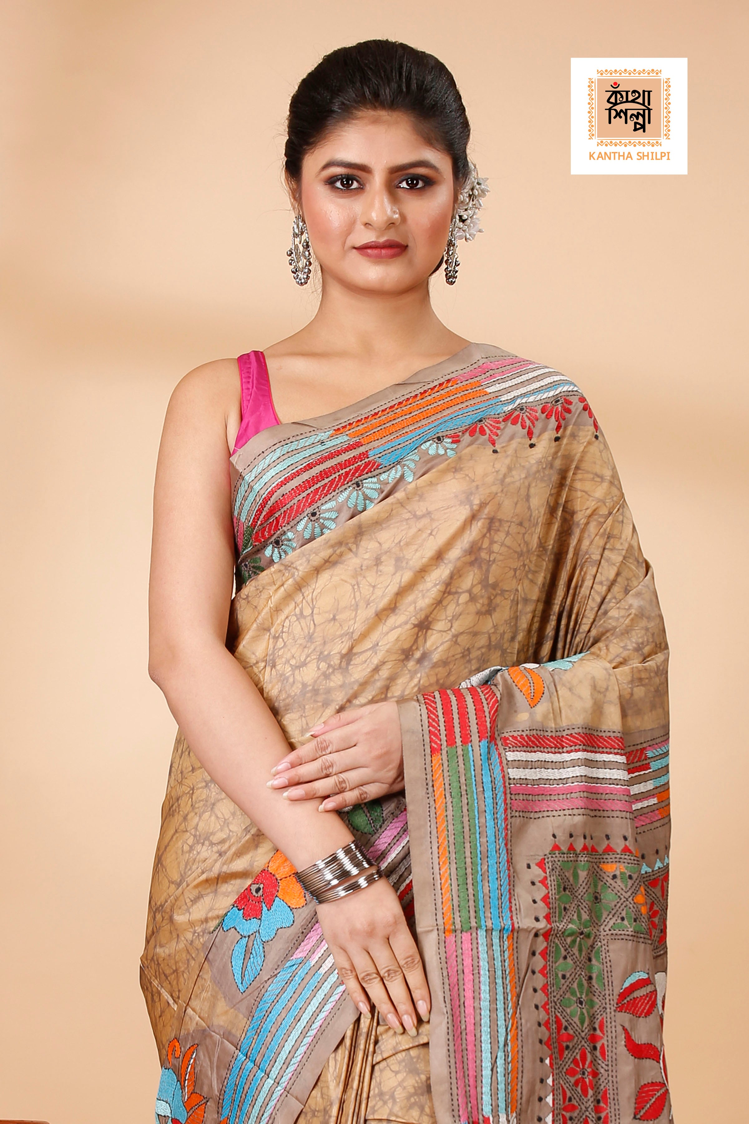 Bangalore Silk Hand Batik and Kantha Stitch Saree SN202521880