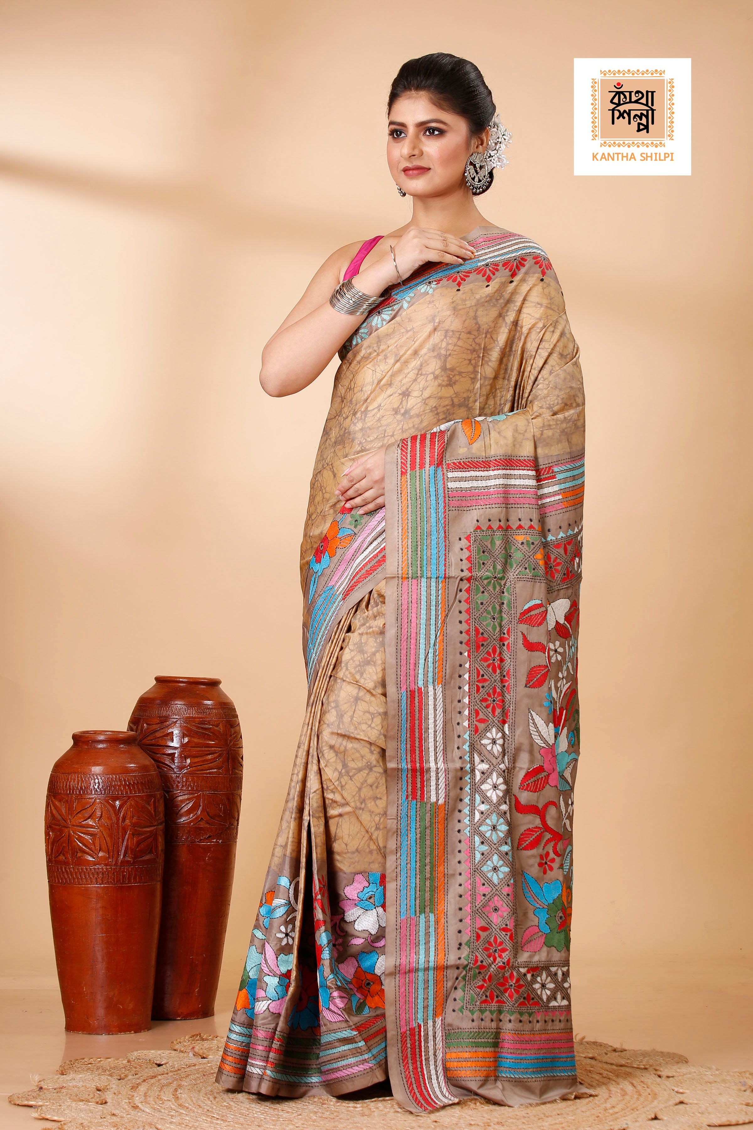 Bangalore Silk Hand Batik and Kantha Stitch Saree SN202521880