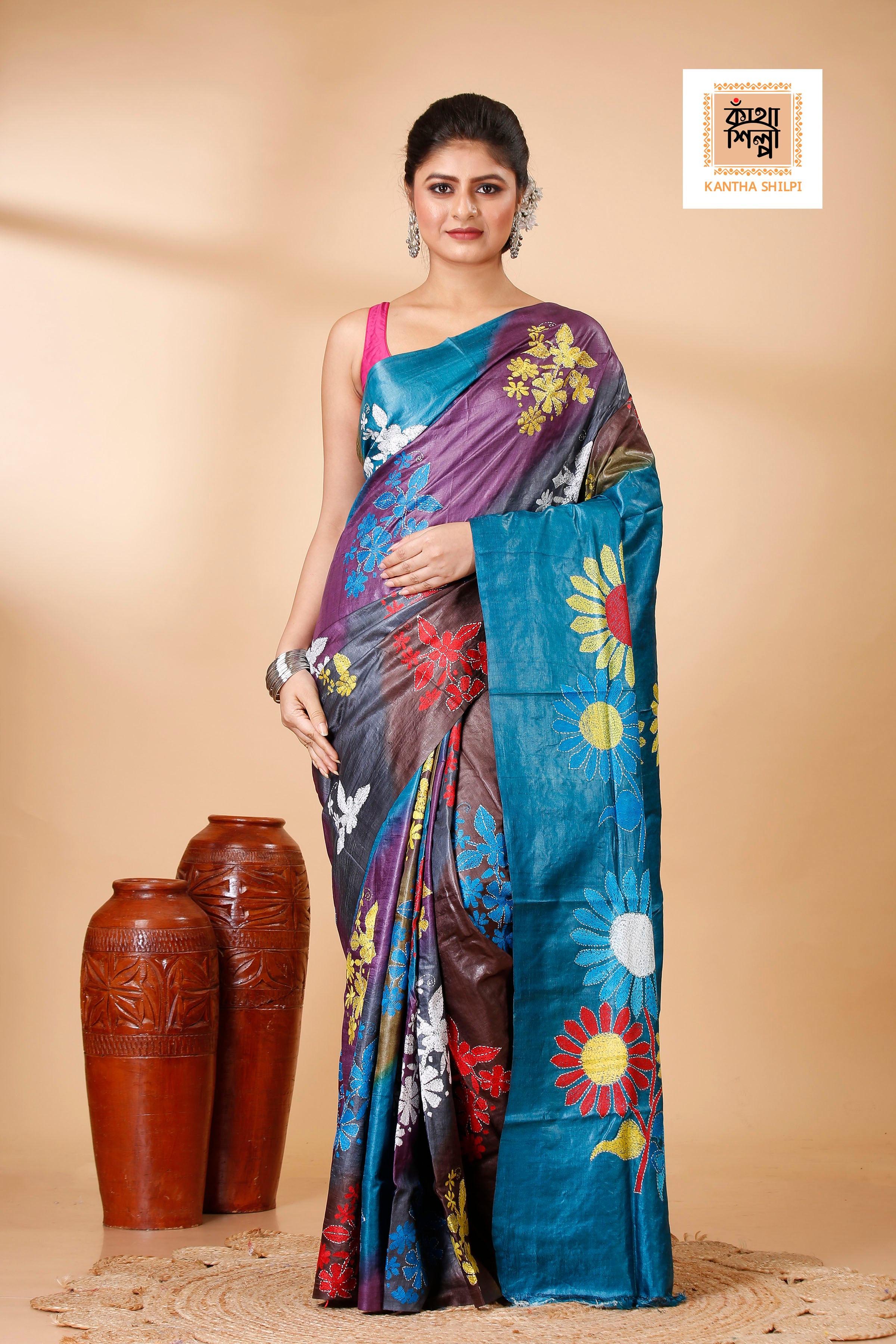 Multicolor Dye Tussar Multicolor Thread Work Kantha Stitch Saree