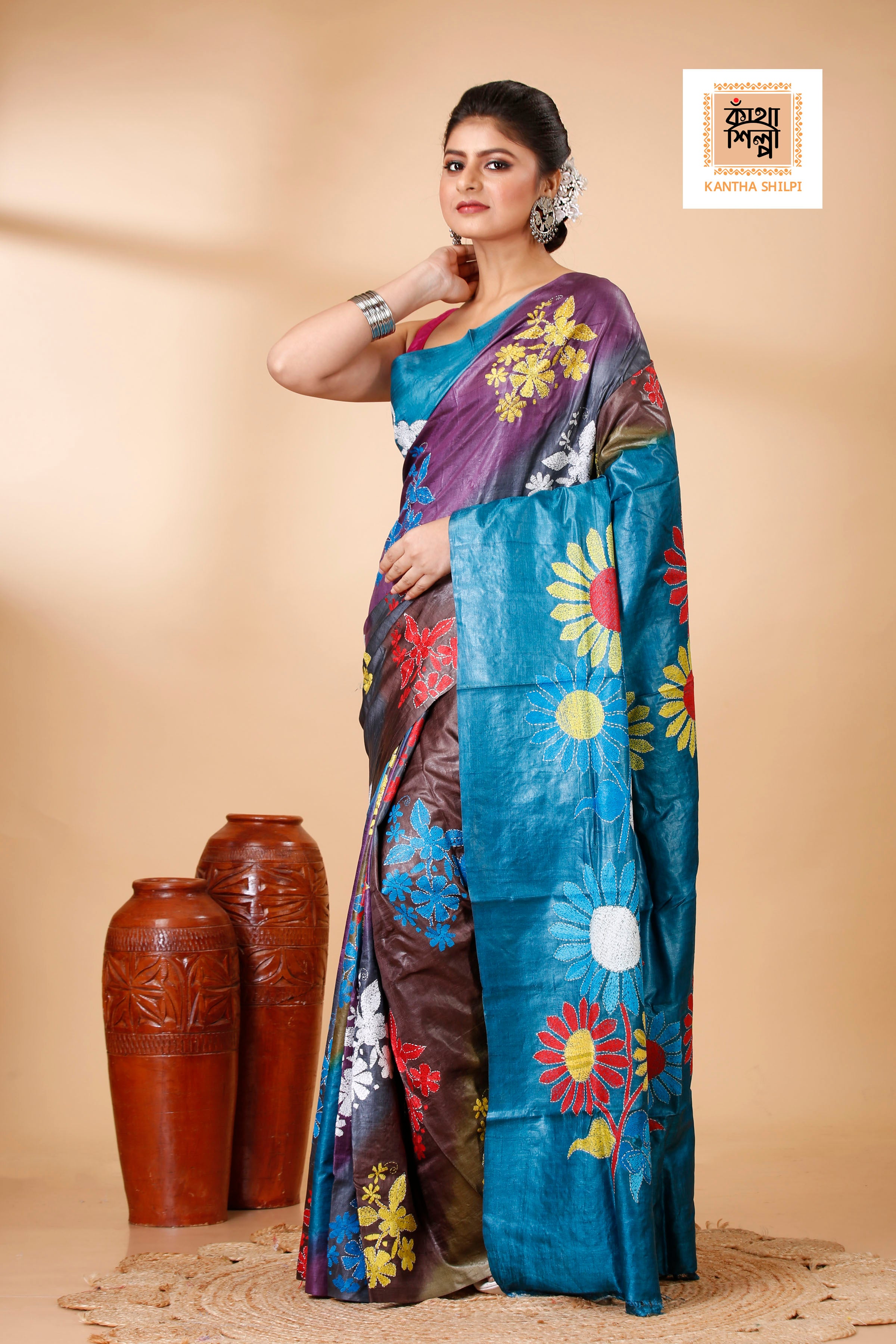 Multicolor Dye Tussar Multicolor Thread Work Kantha Stitch Saree