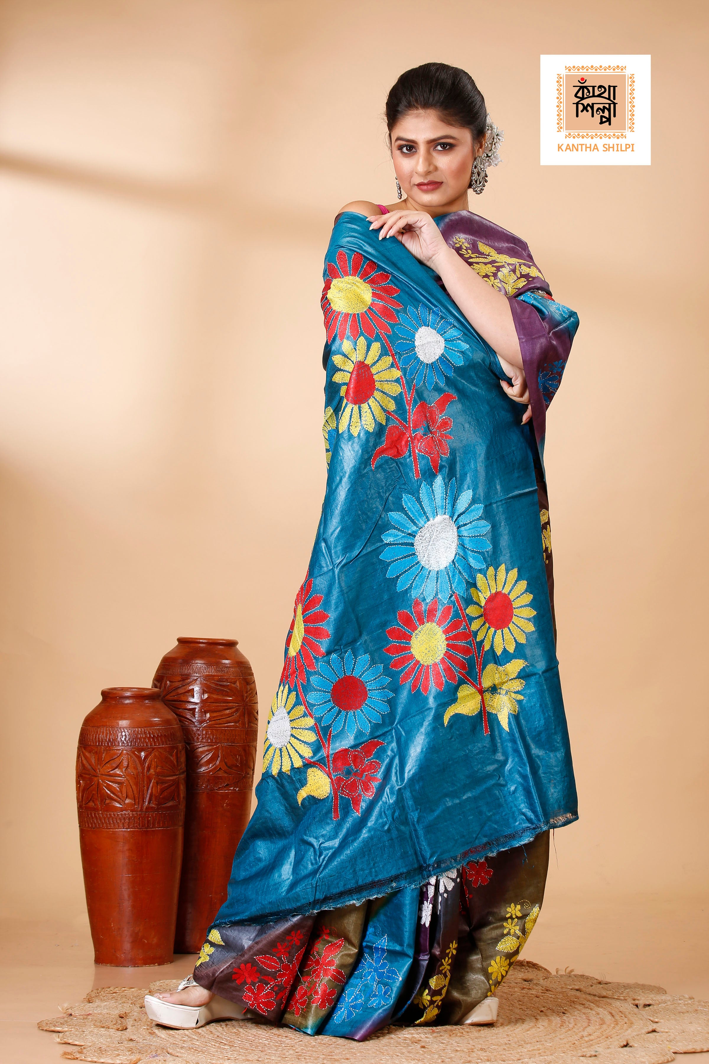 Multicolor Dye Tussar Multicolor Thread Work Kantha Stitch Saree