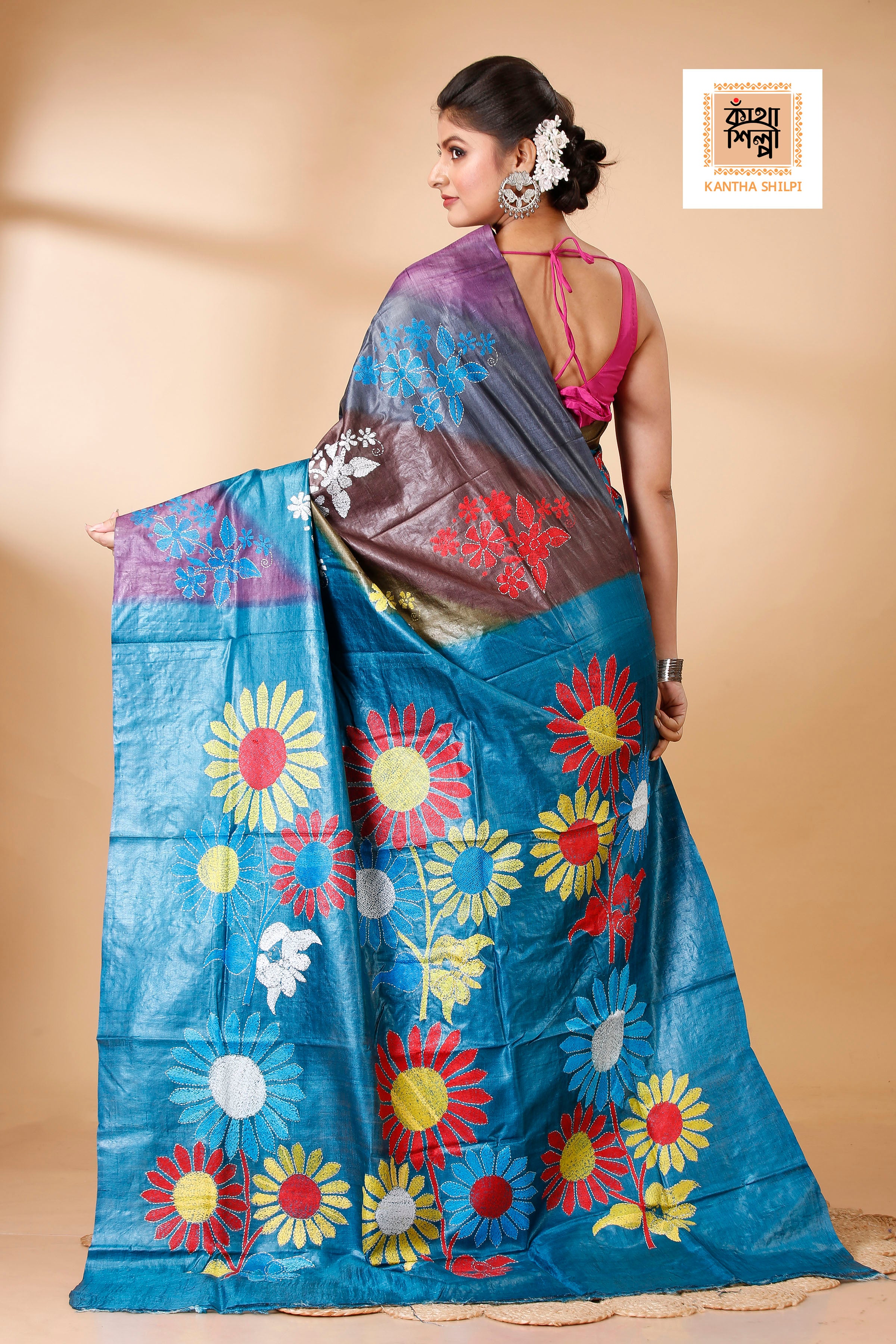 Multicolor Dye Tussar Multicolor Thread Work Kantha Stitch Saree