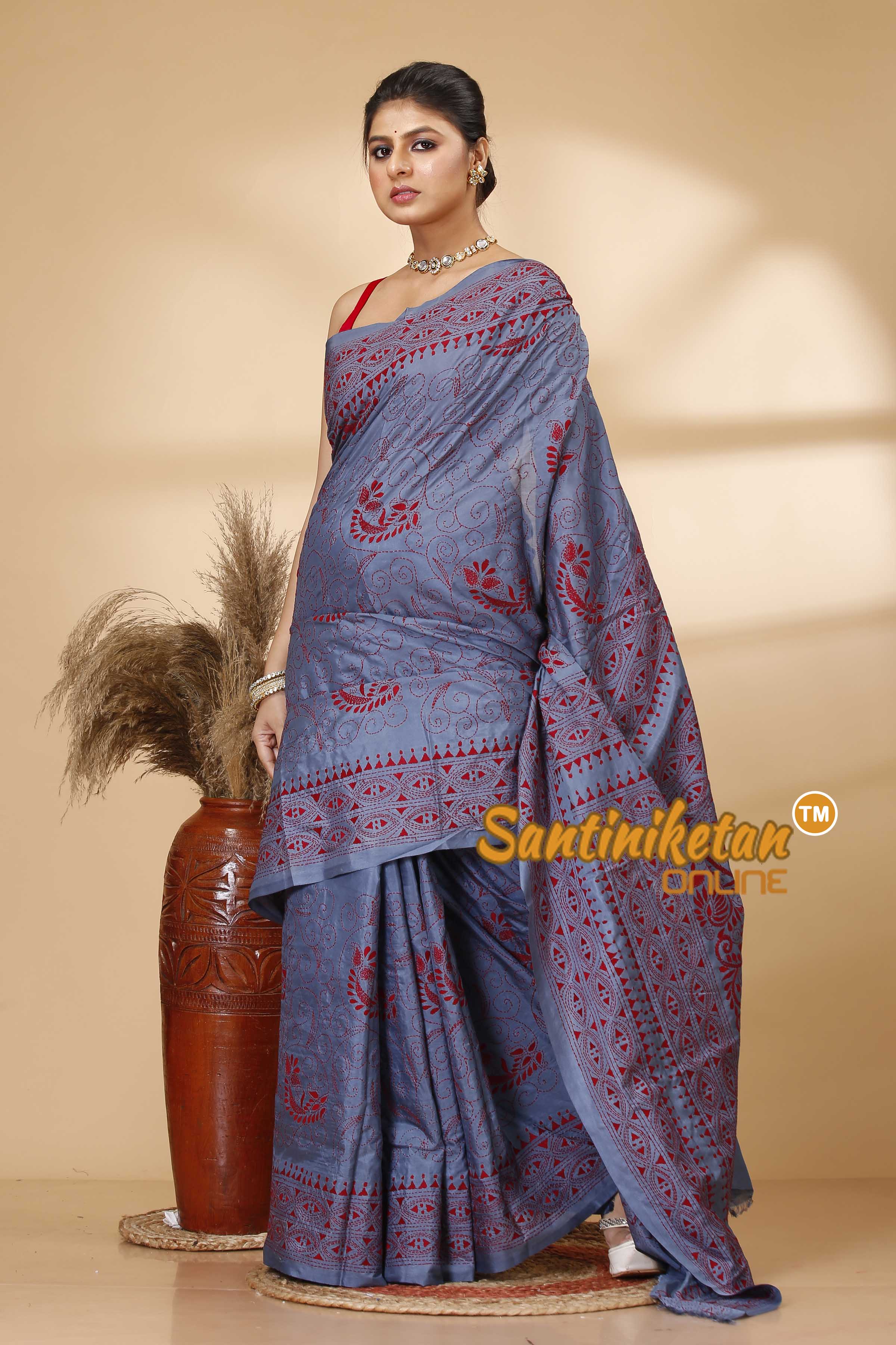 Butter Silk Kantha Stitch Saree SN202521936