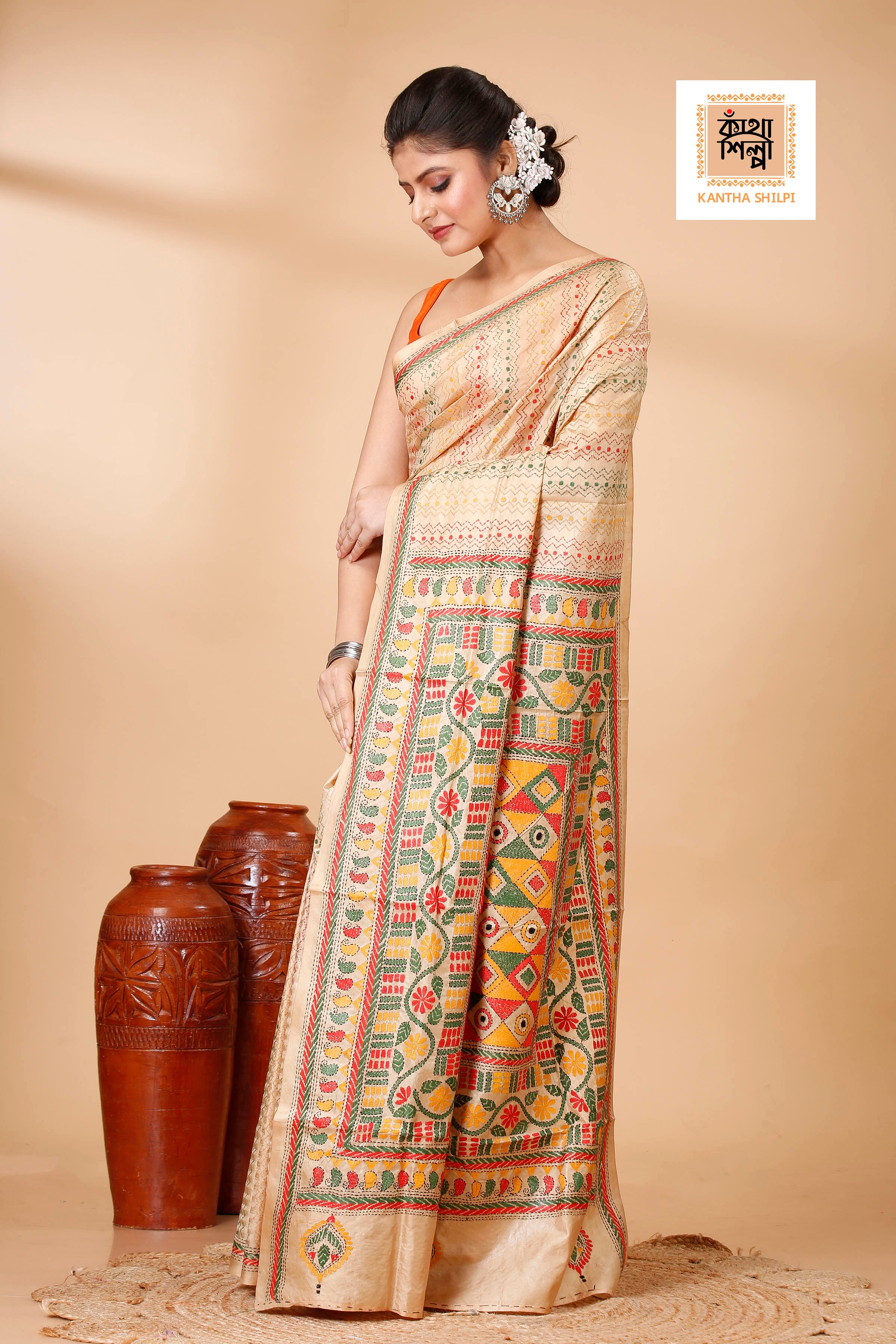 Pure Bangalore Silk Kantha Stitch Saree SN202521976