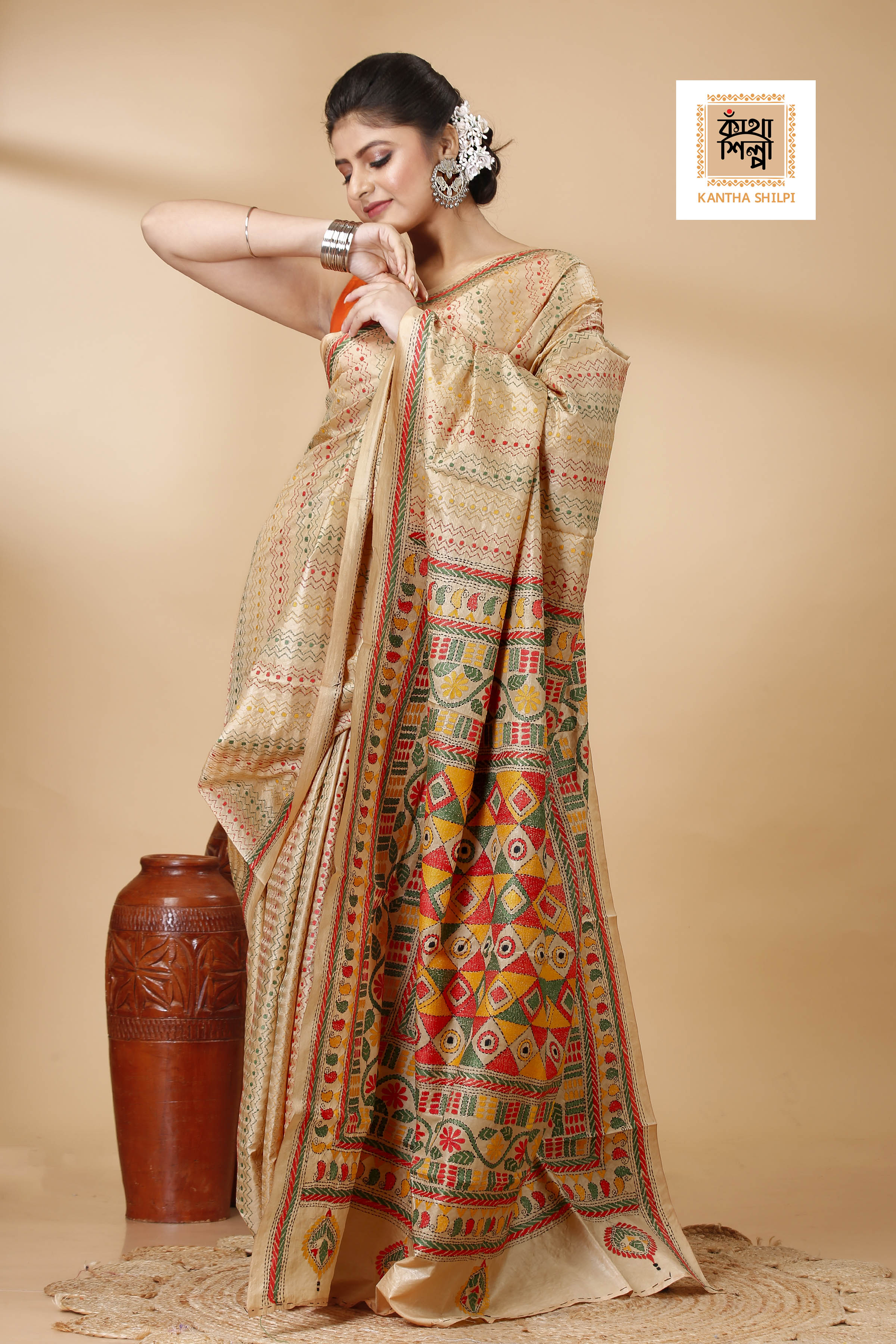 Pure Bangalore Silk Kantha Stitch Saree SN202521976