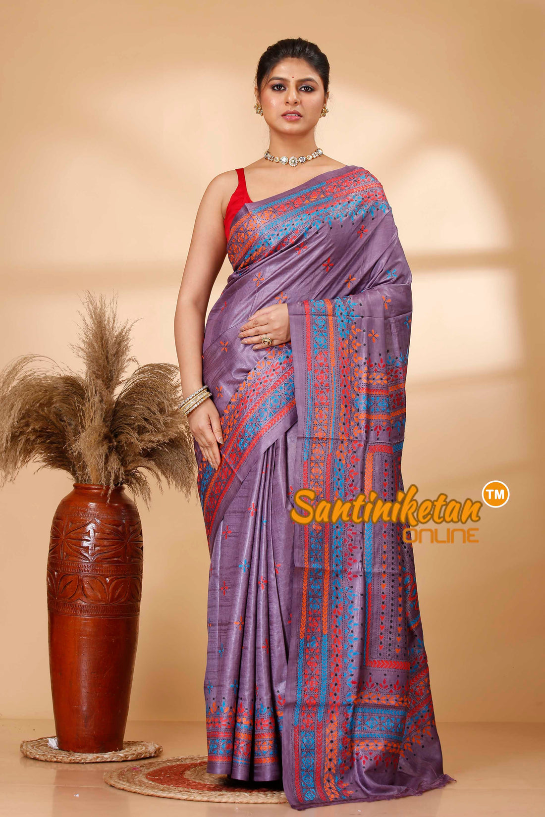 Pure Dye Tussar Silk Kantha Stitch Saree SN202521996