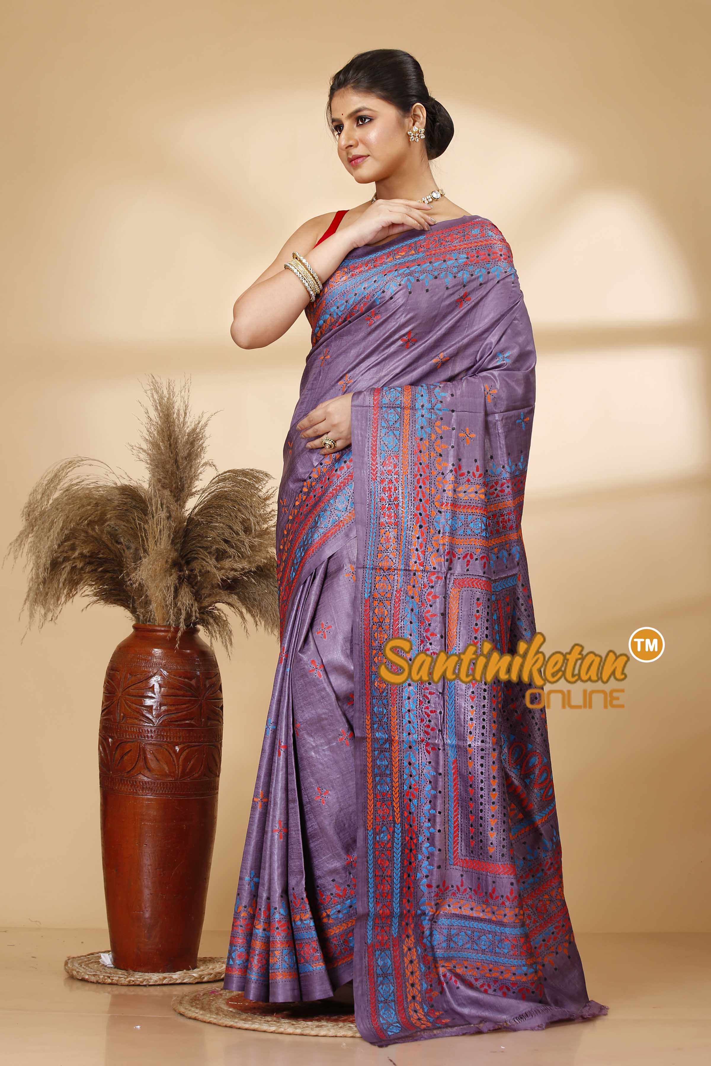 Pure Dye Tussar Silk Kantha Stitch Saree SN202521996
