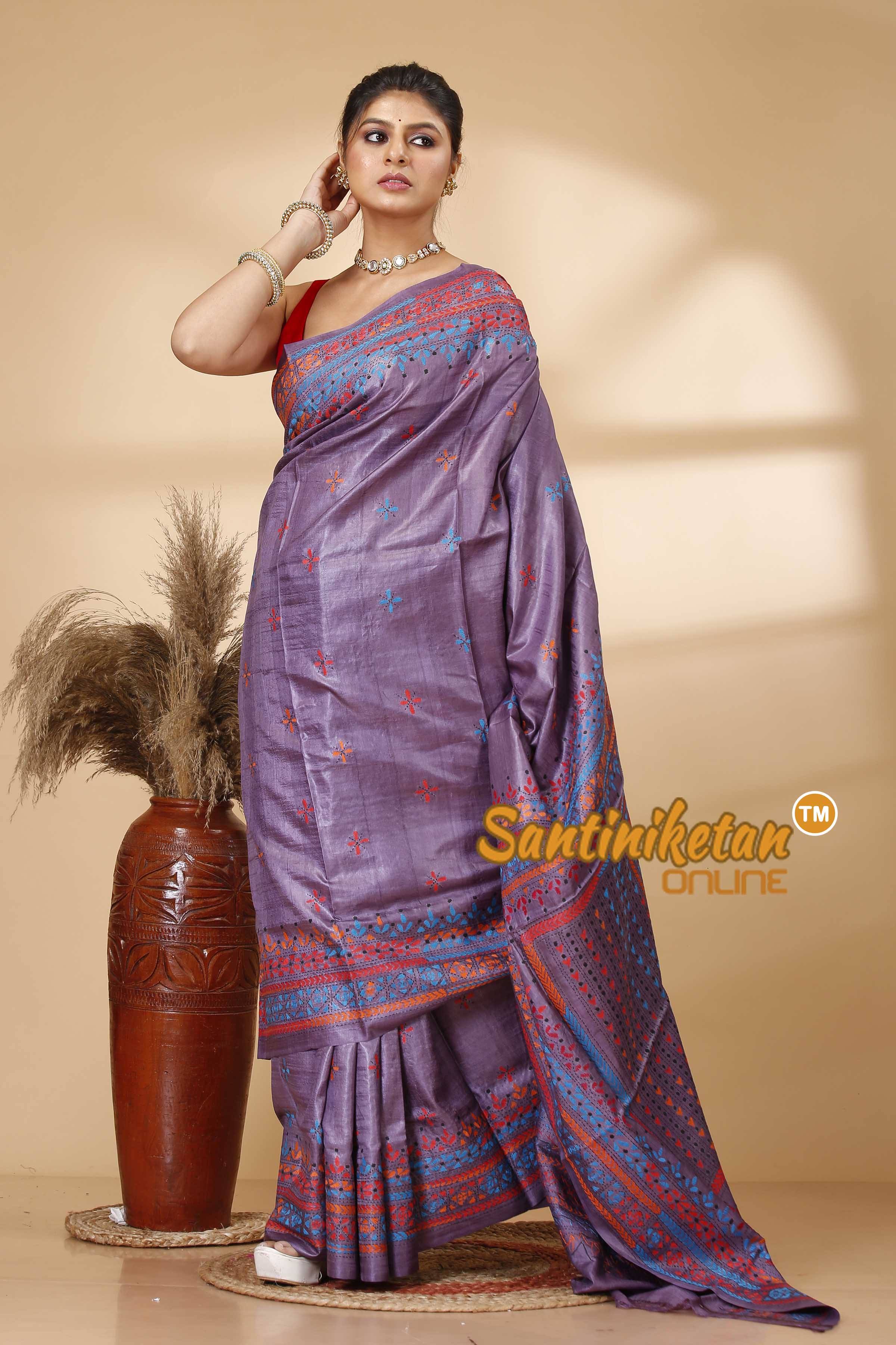 Pure Dye Tussar Silk Kantha Stitch Saree SN202521996