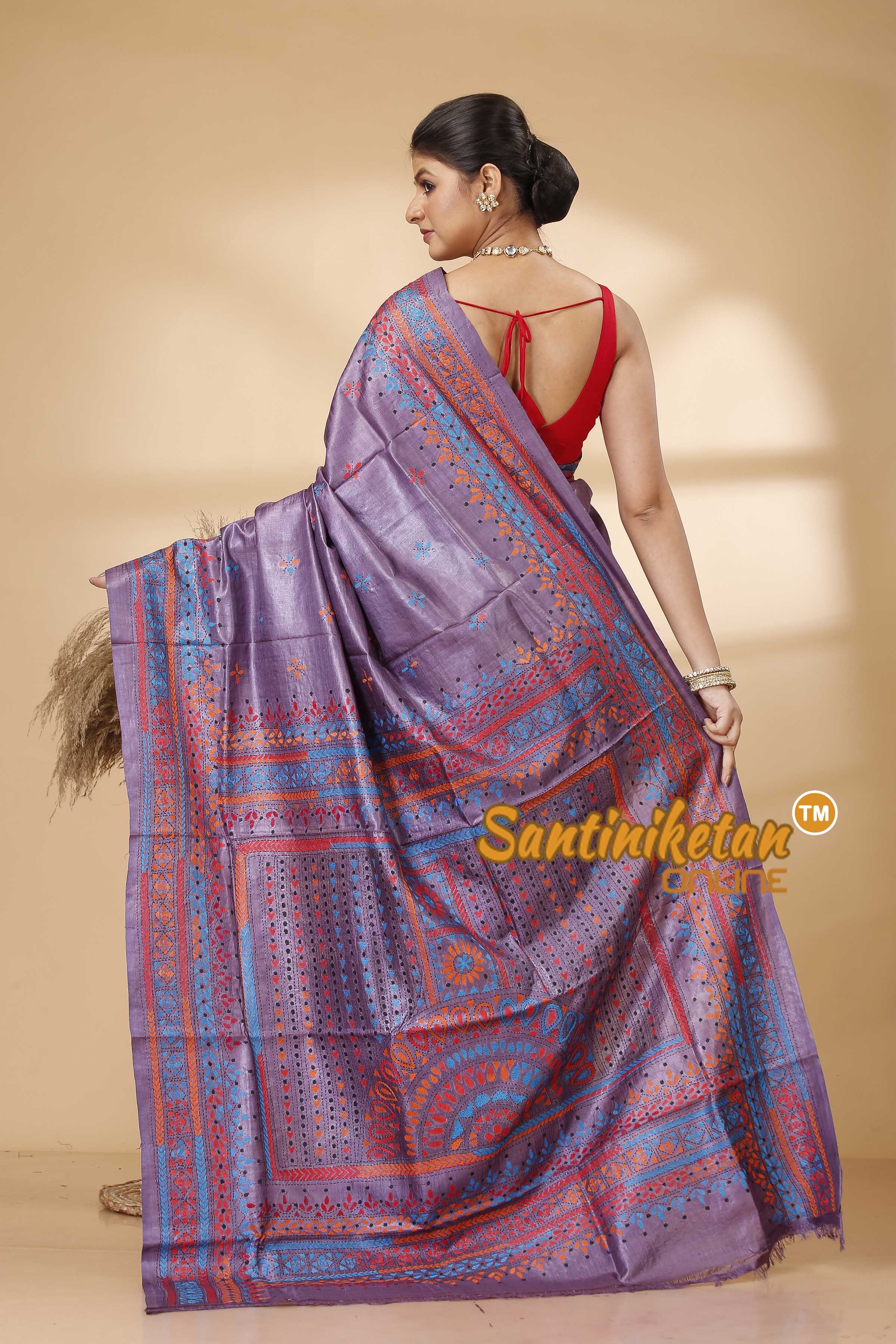 Pure Dye Tussar Silk Kantha Stitch Saree SN202521996