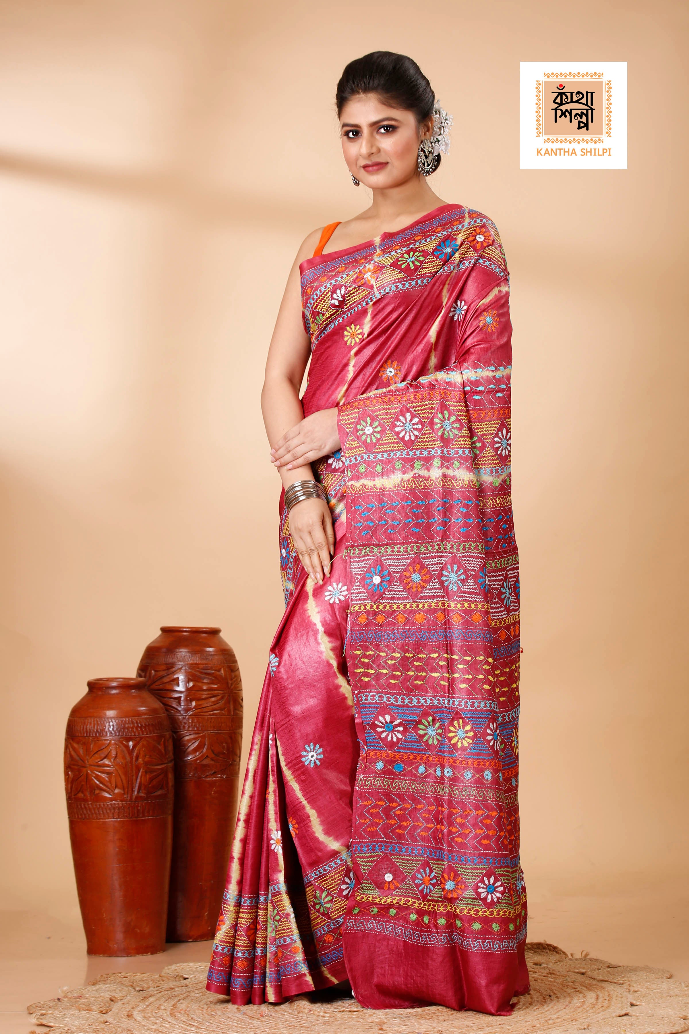 Red Color Dye Tussar Multicolor Thread Work Kantha Stitch Saree
