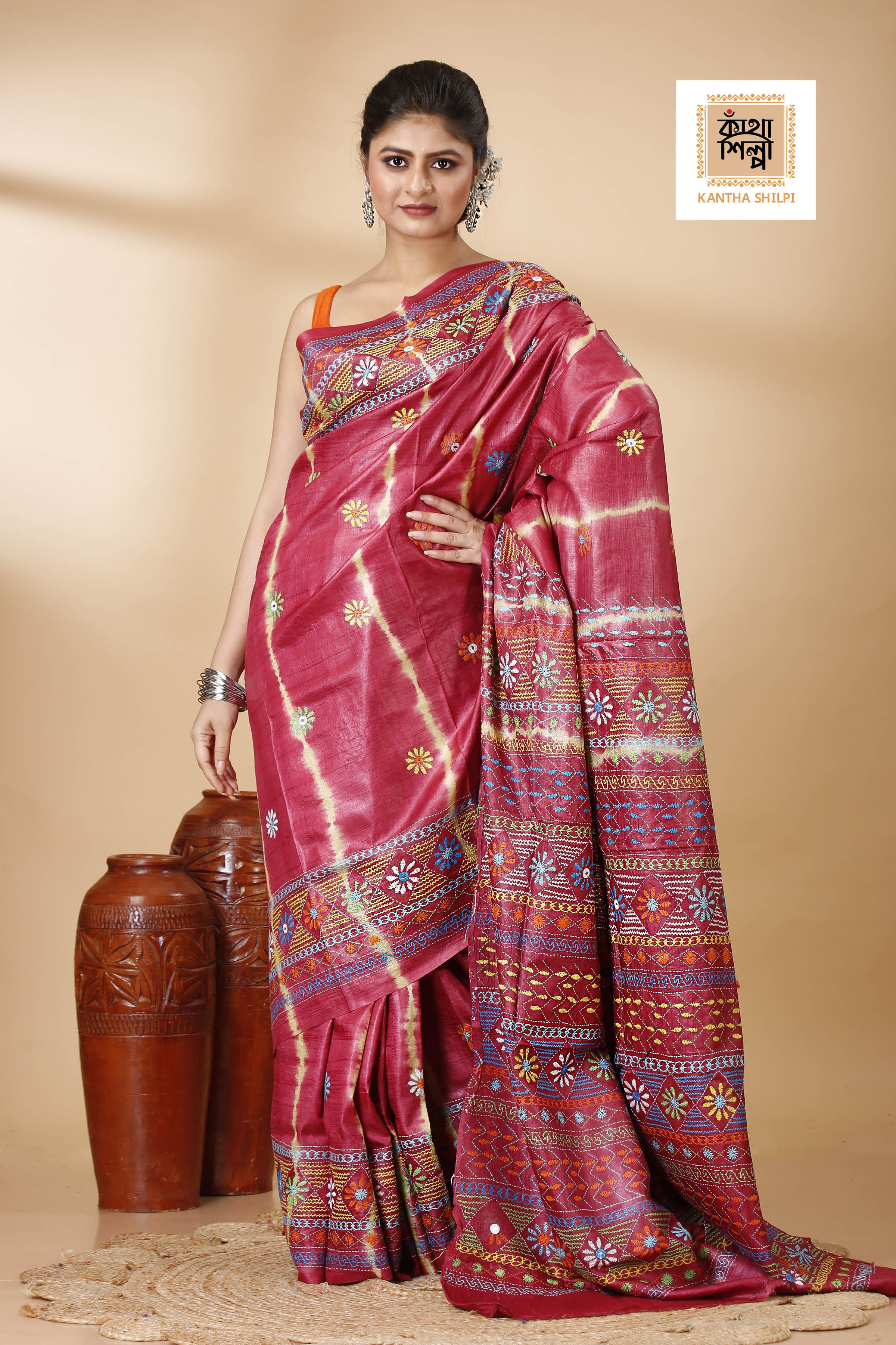 Red Color Dye Tussar Multicolor Thread Work Kantha Stitch Saree