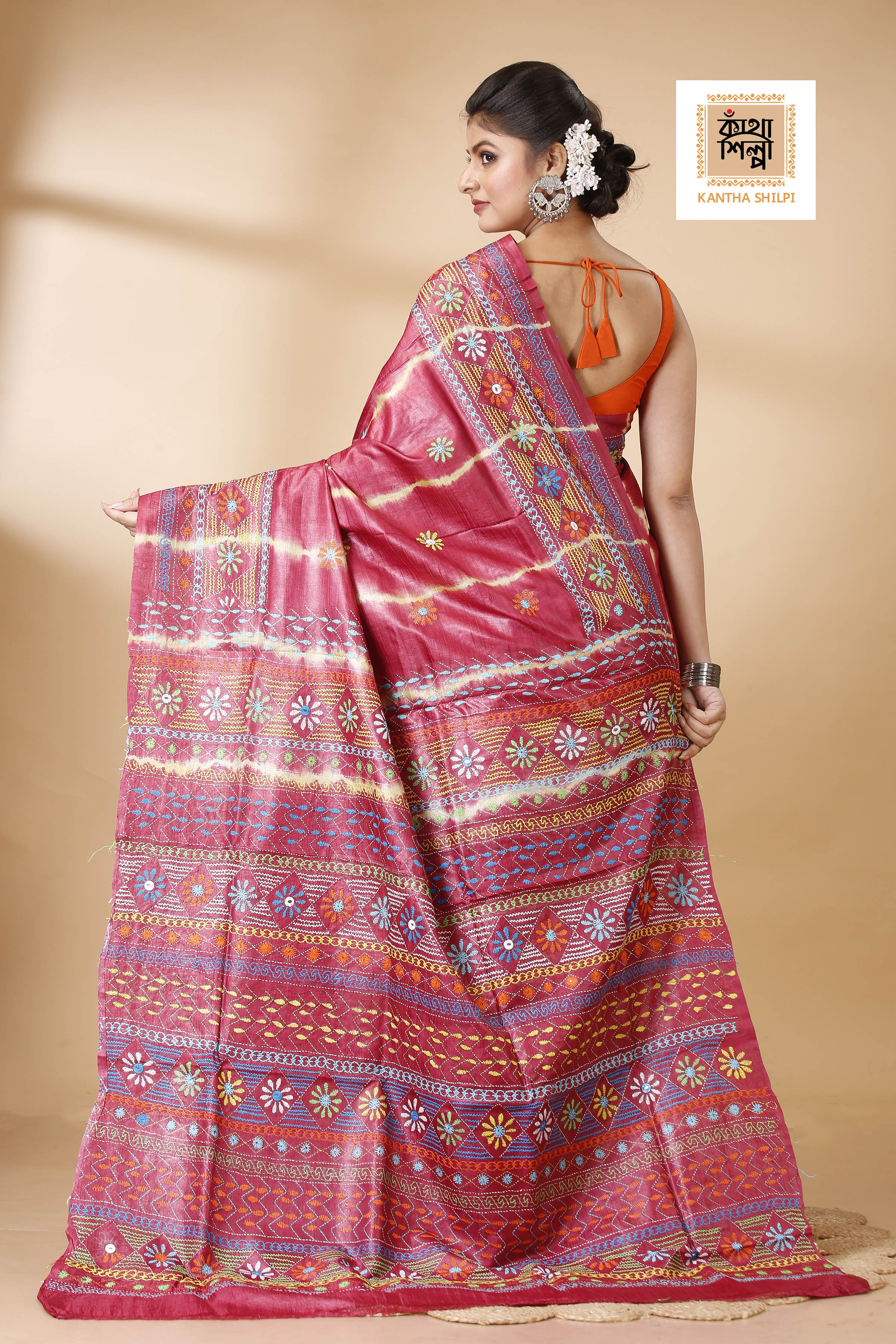 Red Color Dye Tussar Multicolor Thread Work Kantha Stitch Saree
