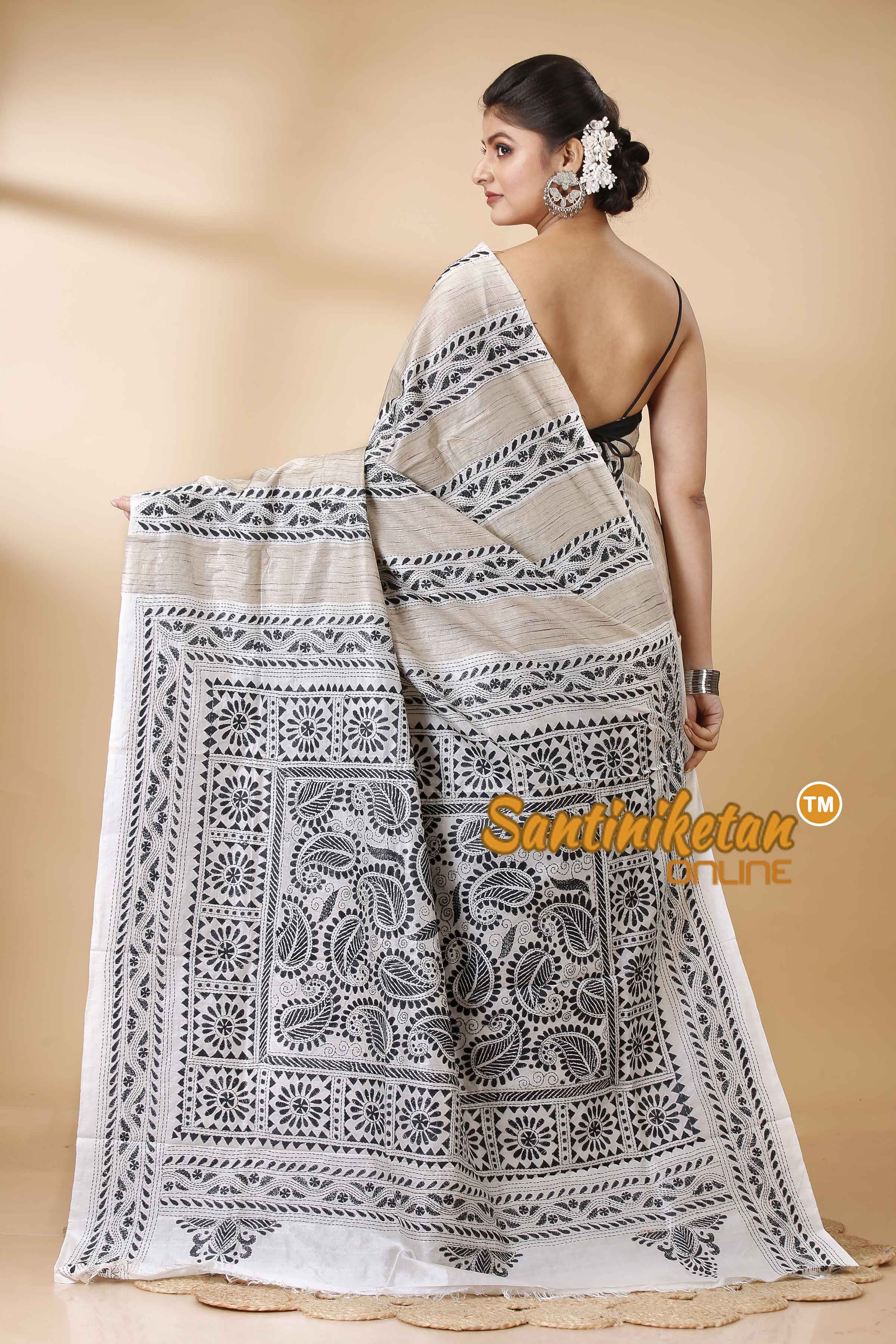 Pure Katan and Ketiya Tussar Stripe Kantha Stitch Saree SN202522037