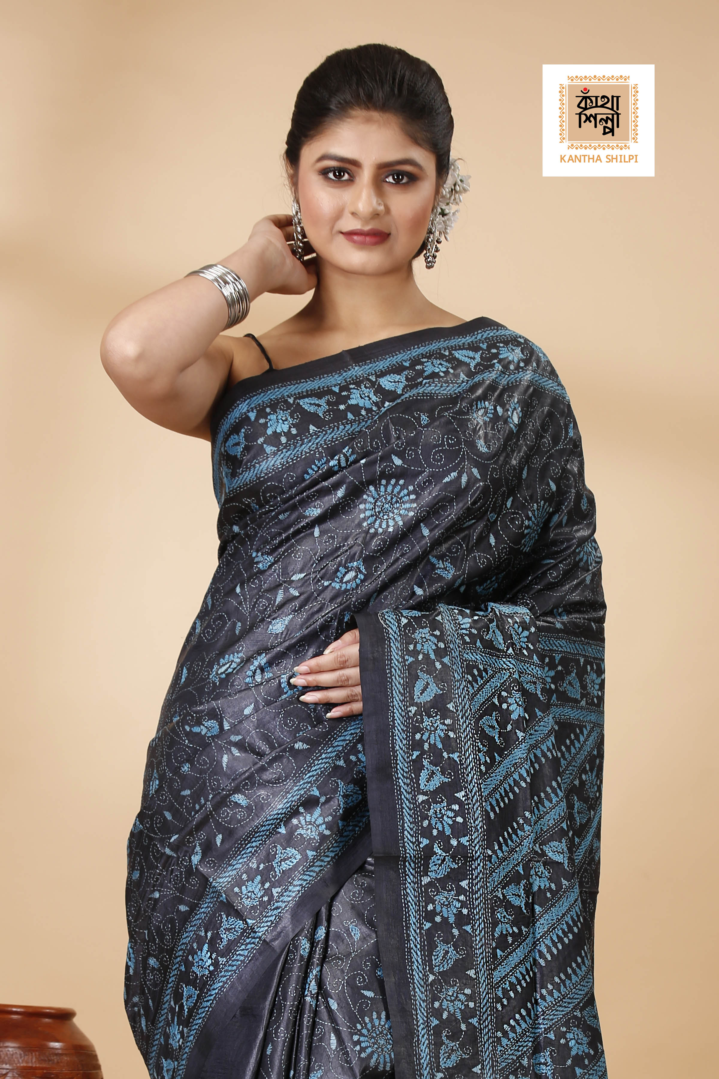 Black Color Dye Tussar Sea Green color Thread Work Floral Design Kantha Stitch Saree