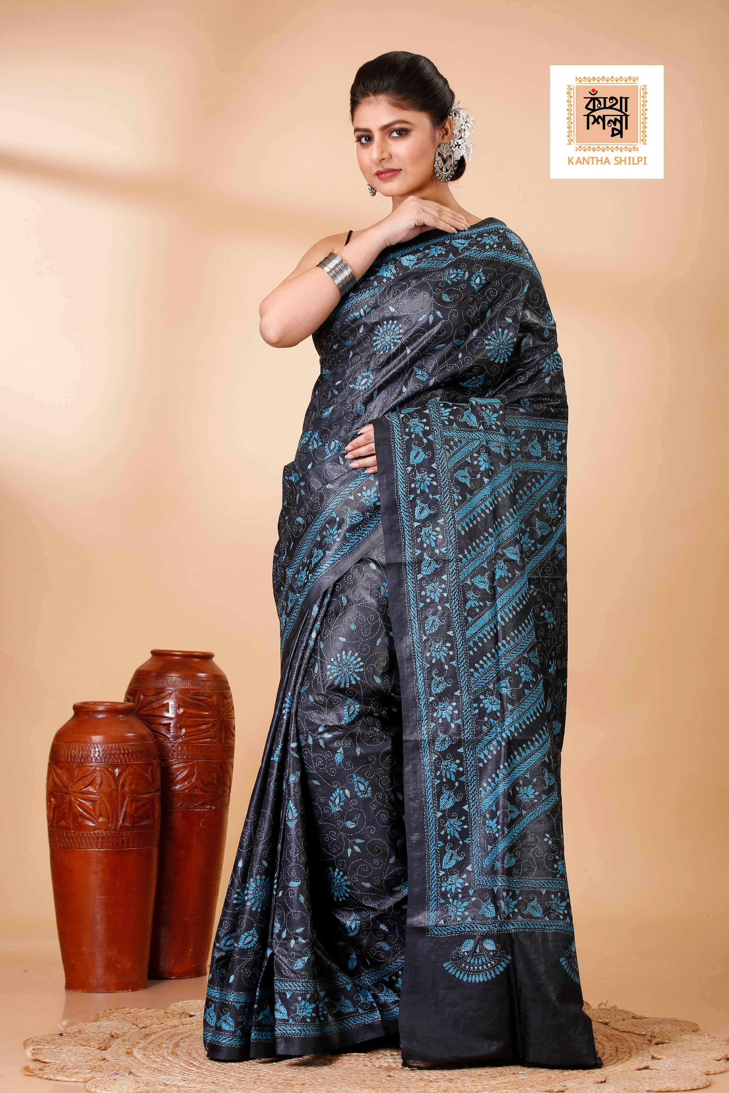 Black Color Dye Tussar Sea Green color Thread Work Floral Design Kantha Stitch Saree