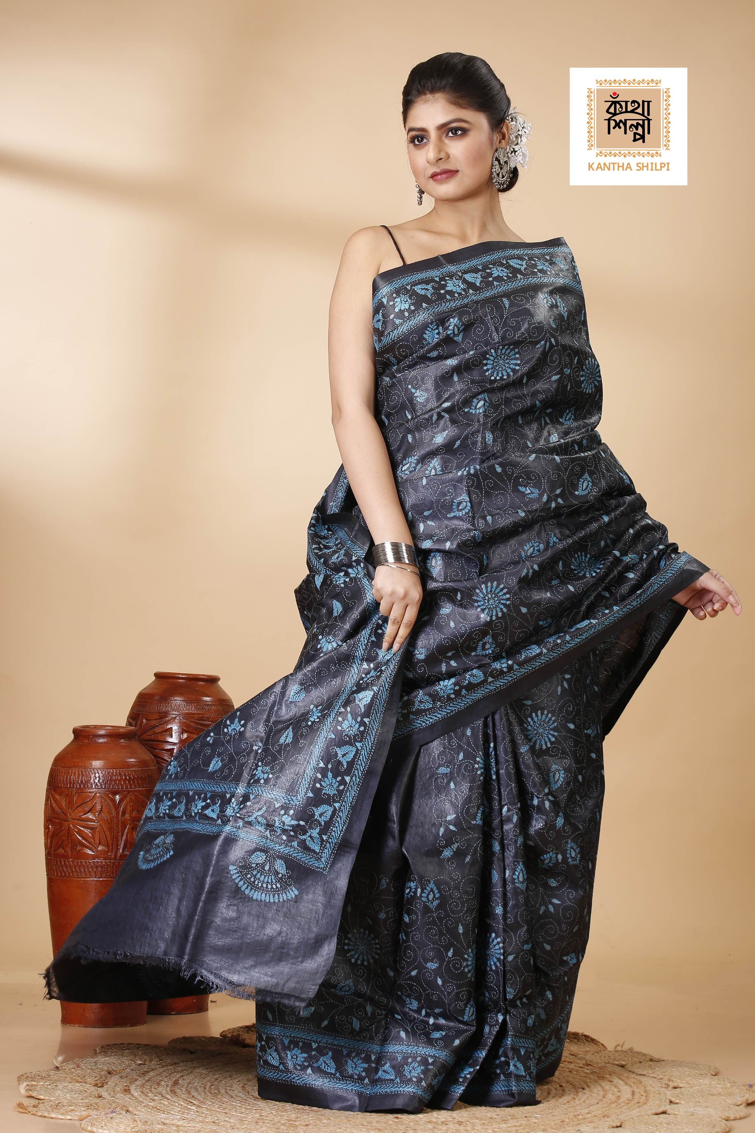 Black Color Dye Tussar Sea Green color Thread Work Floral Design Kantha Stitch Saree