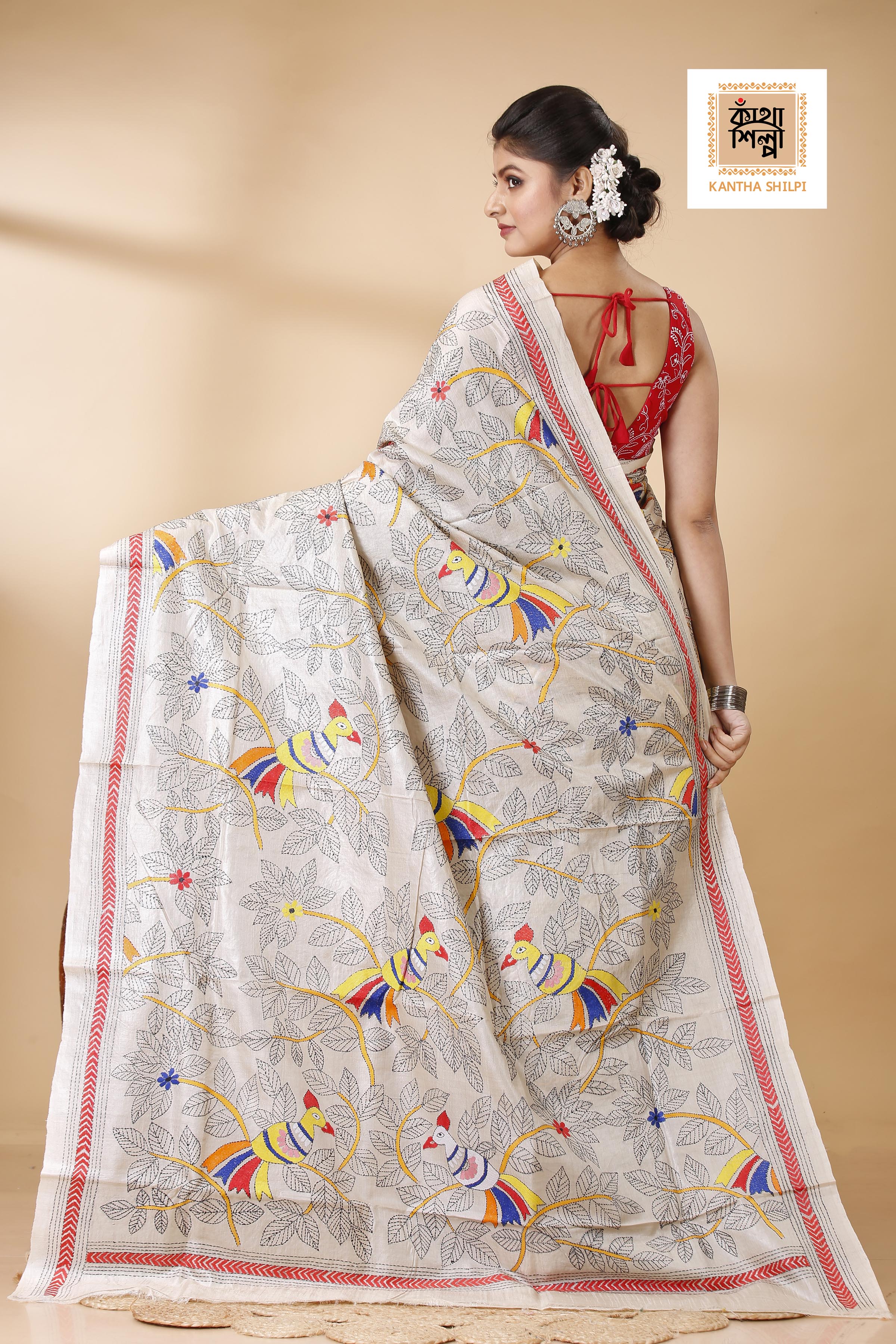 Gachi Tussar Multicolor Thread Work Floral Leaf and Cockatoo Design Kantha Stitch Saree