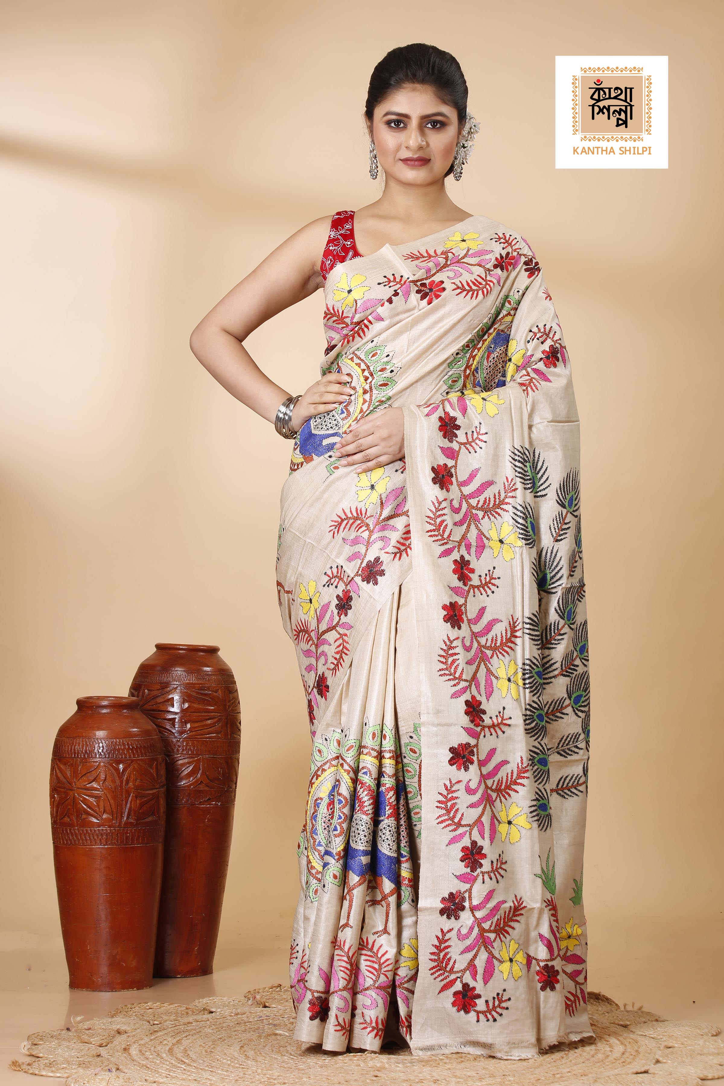 Gachi Tussar Multicolor Thread Work Peacock and Floral Design Kantha Stitch Saree