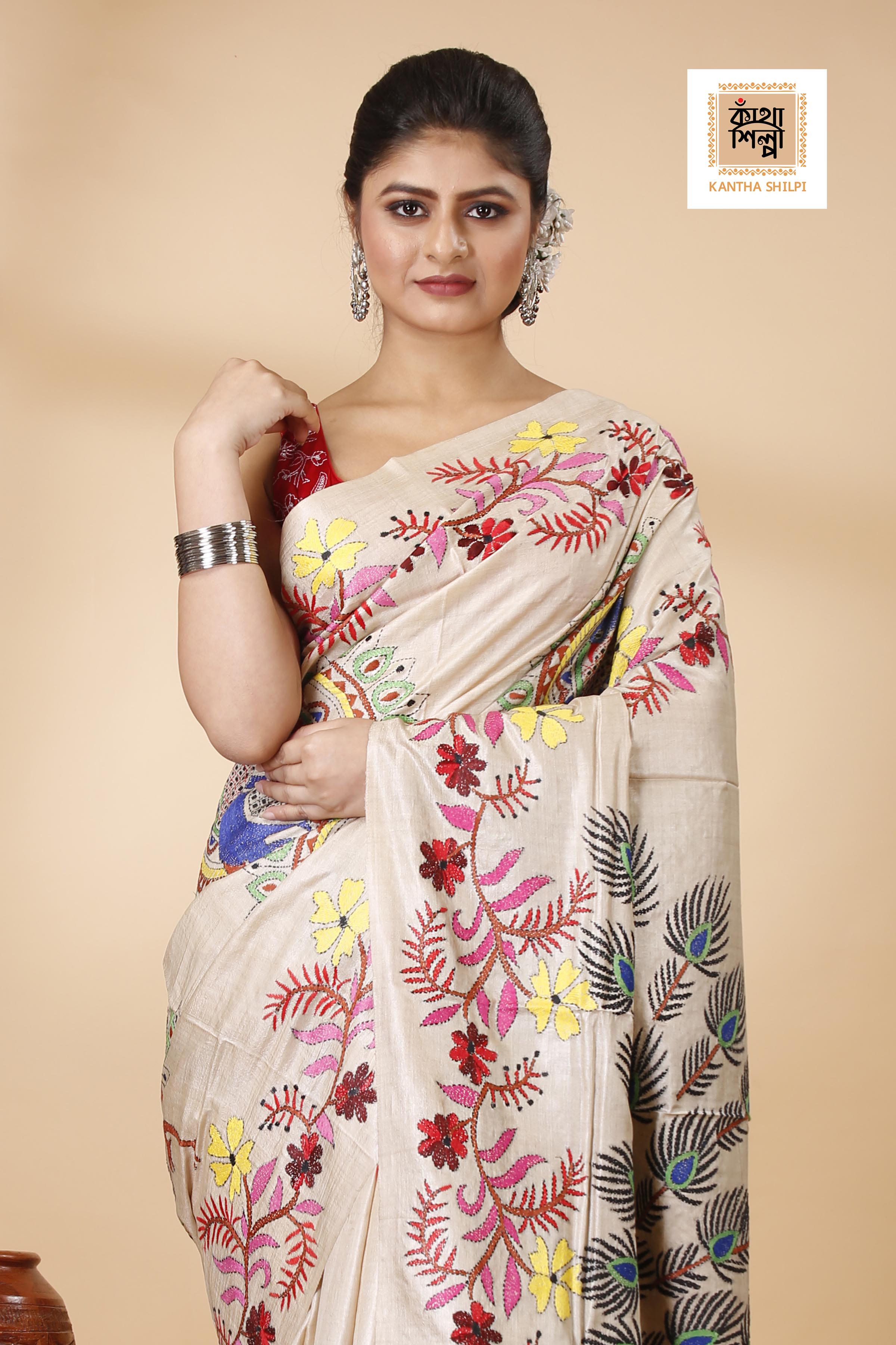 Gachi Tussar Multicolor Thread Work Peacock and Floral Design Kantha Stitch Saree