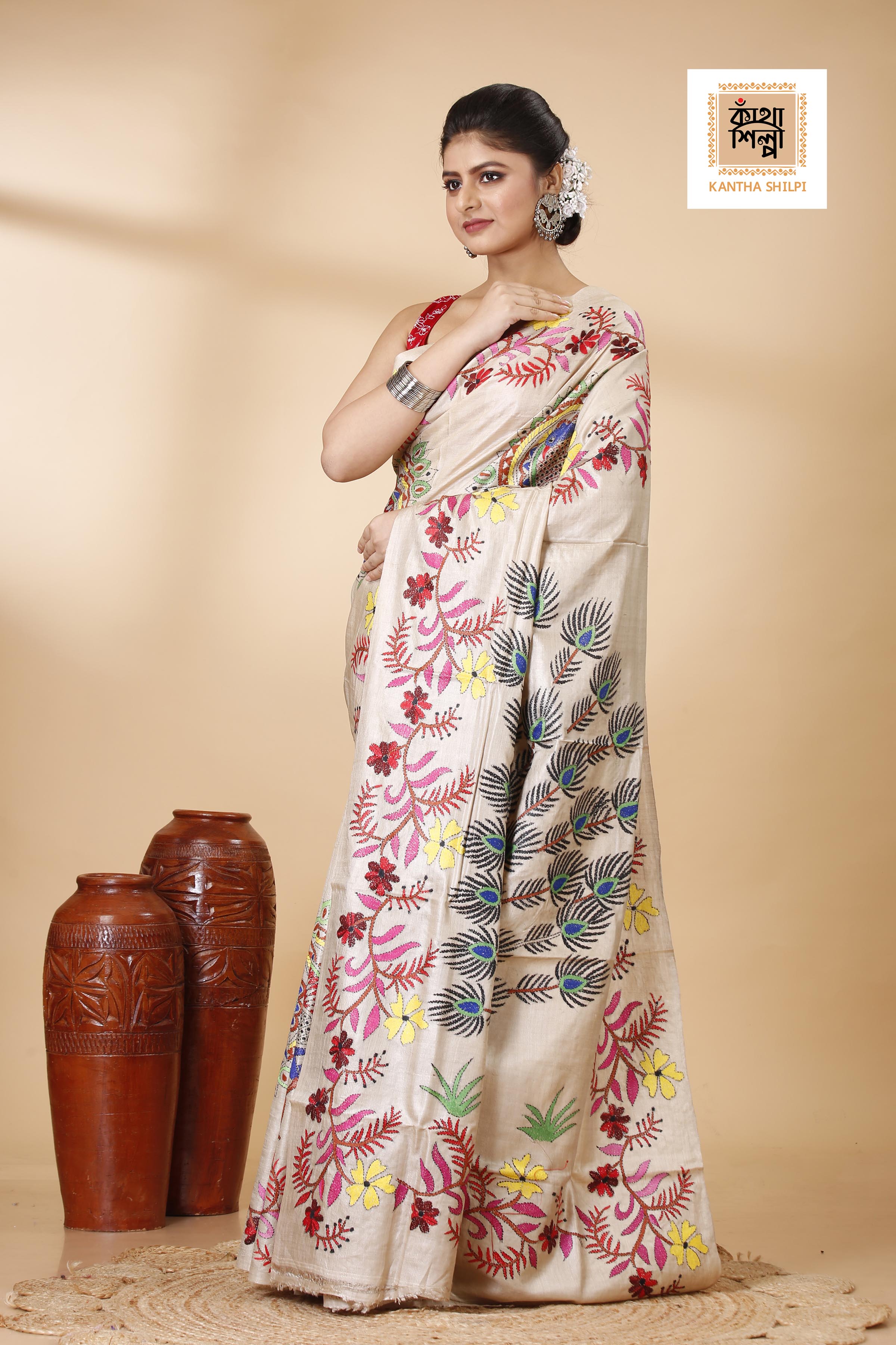Gachi Tussar Multicolor Thread Work Peacock and Floral Design Kantha Stitch Saree