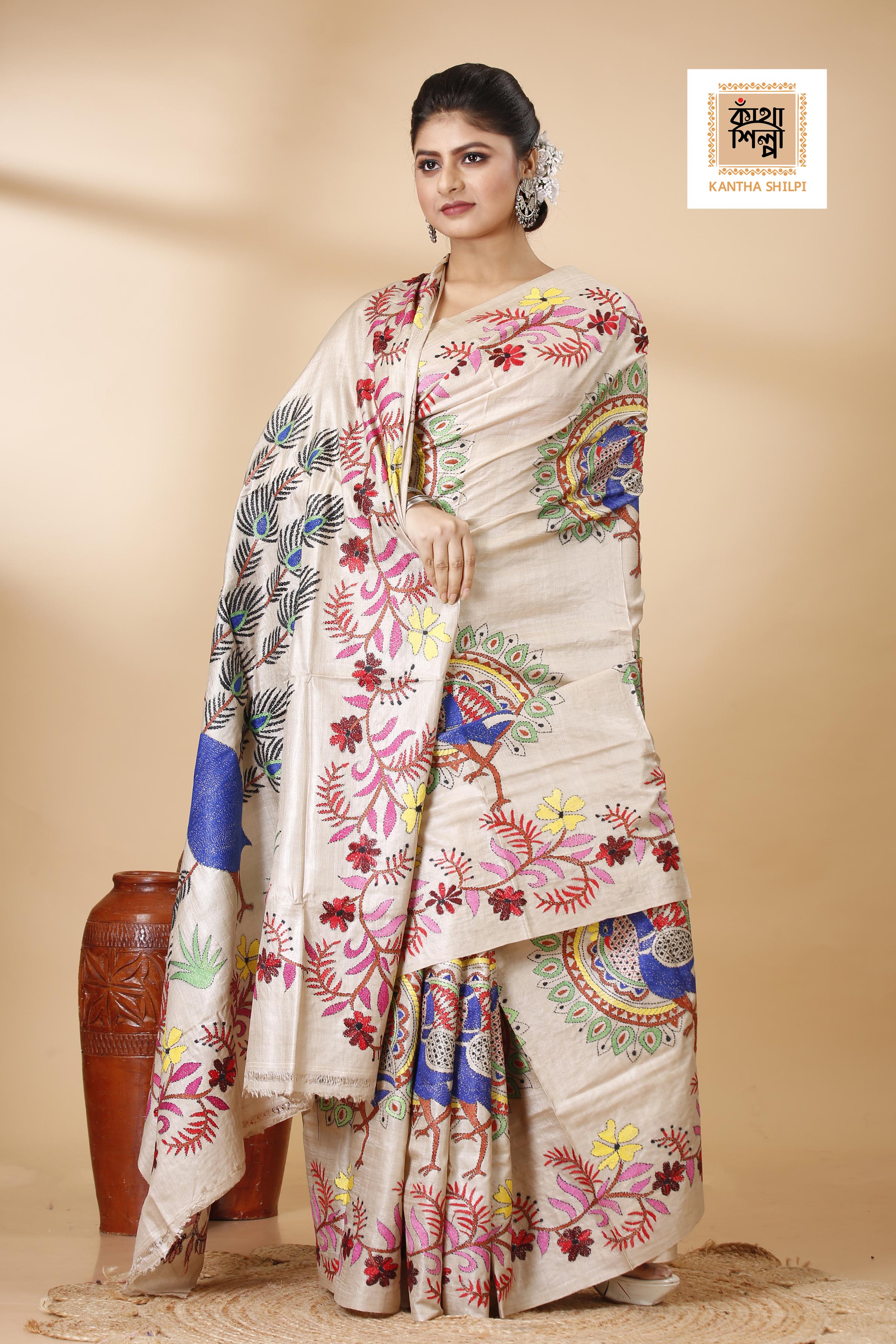 Gachi Tussar Multicolor Thread Work Peacock and Floral Design Kantha Stitch Saree