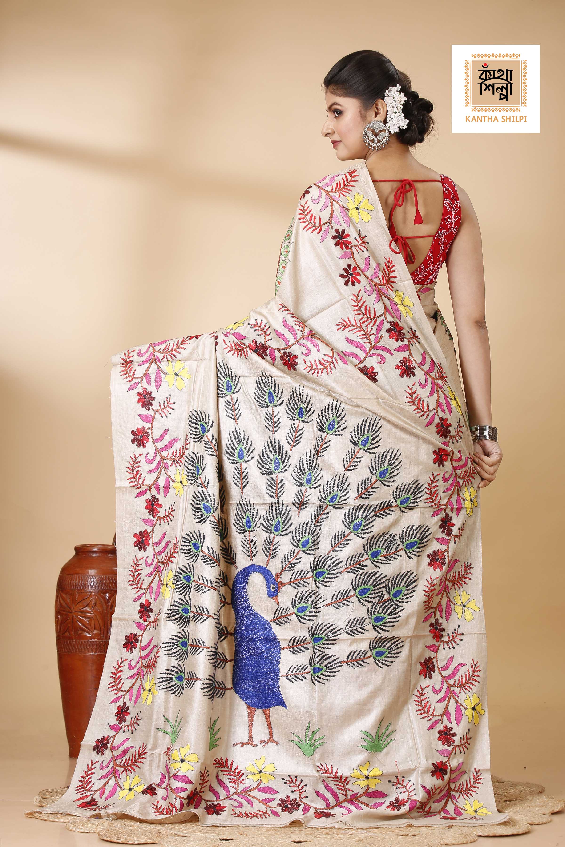 Gachi Tussar Multicolor Thread Work Peacock and Floral Design Kantha Stitch Saree