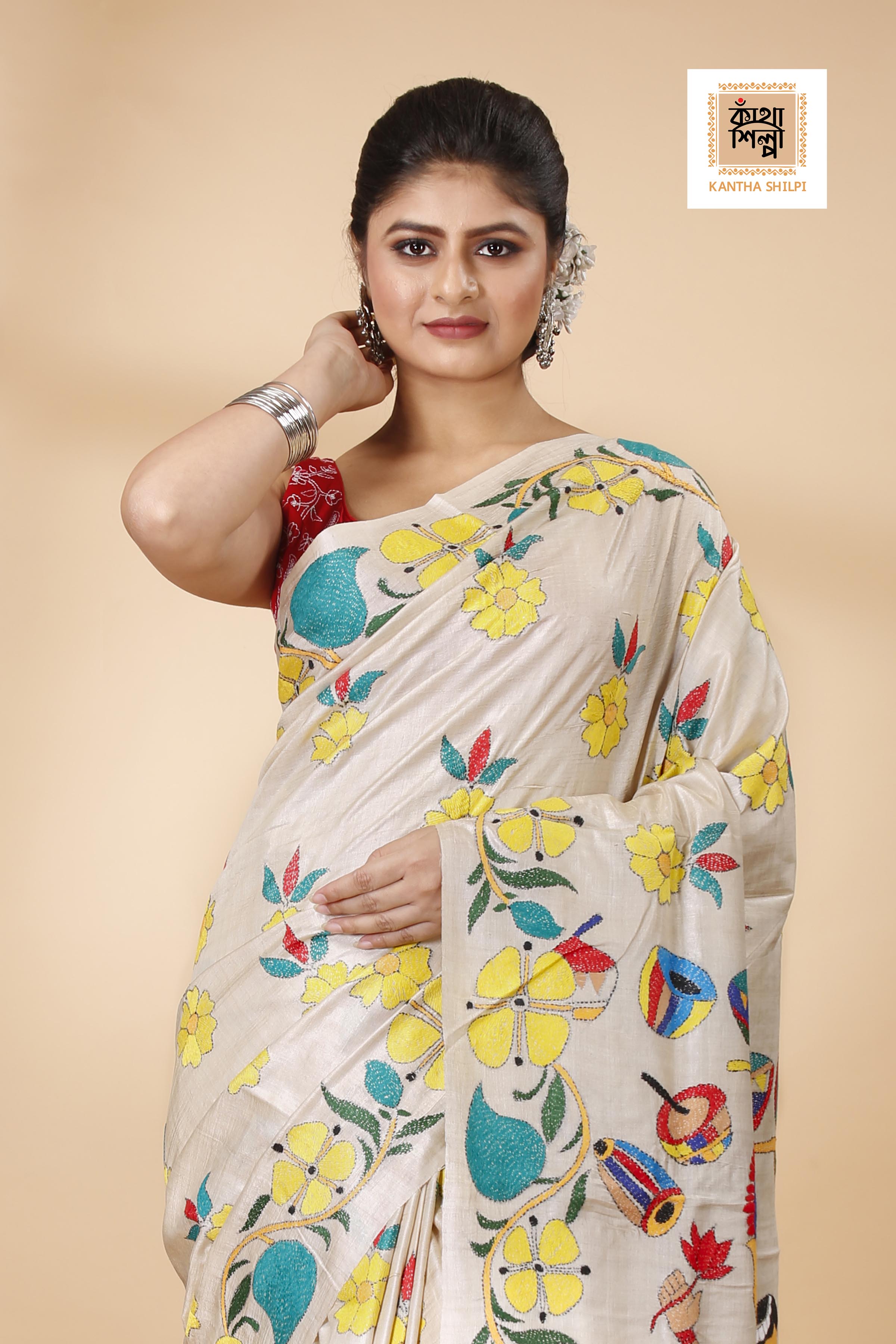 Gachi Tussar Multicolor Thread Work Lord Ganesha and Floral Design Kantha Stitch Saree