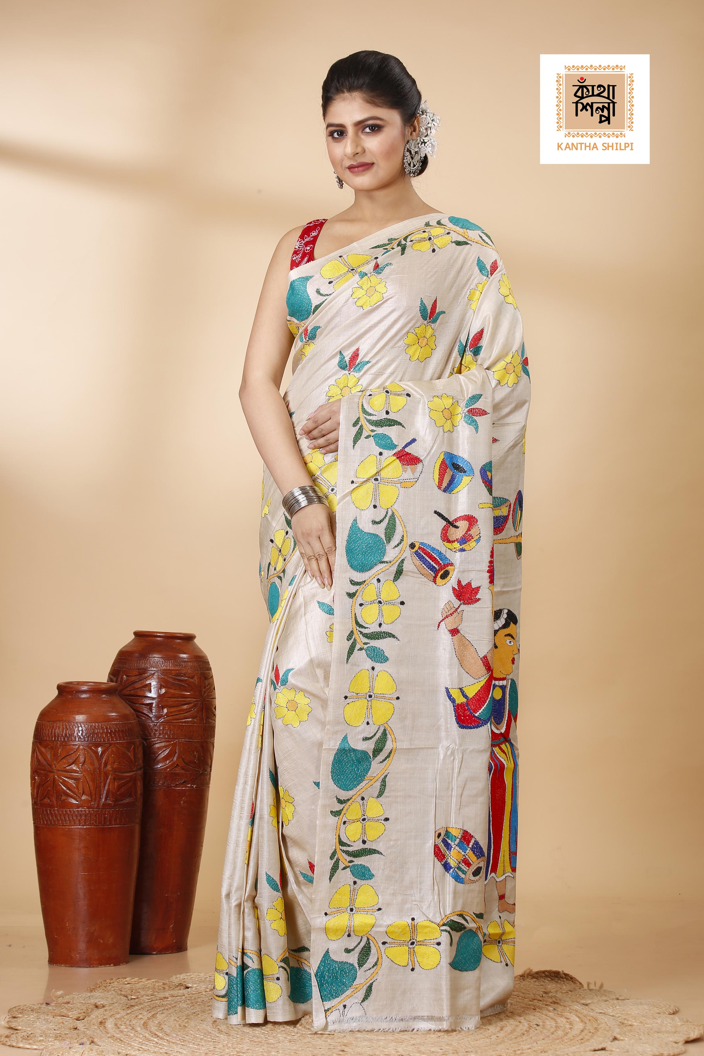 Gachi Tussar Multicolor Thread Work Lord Ganesha and Floral Design Kantha Stitch Saree