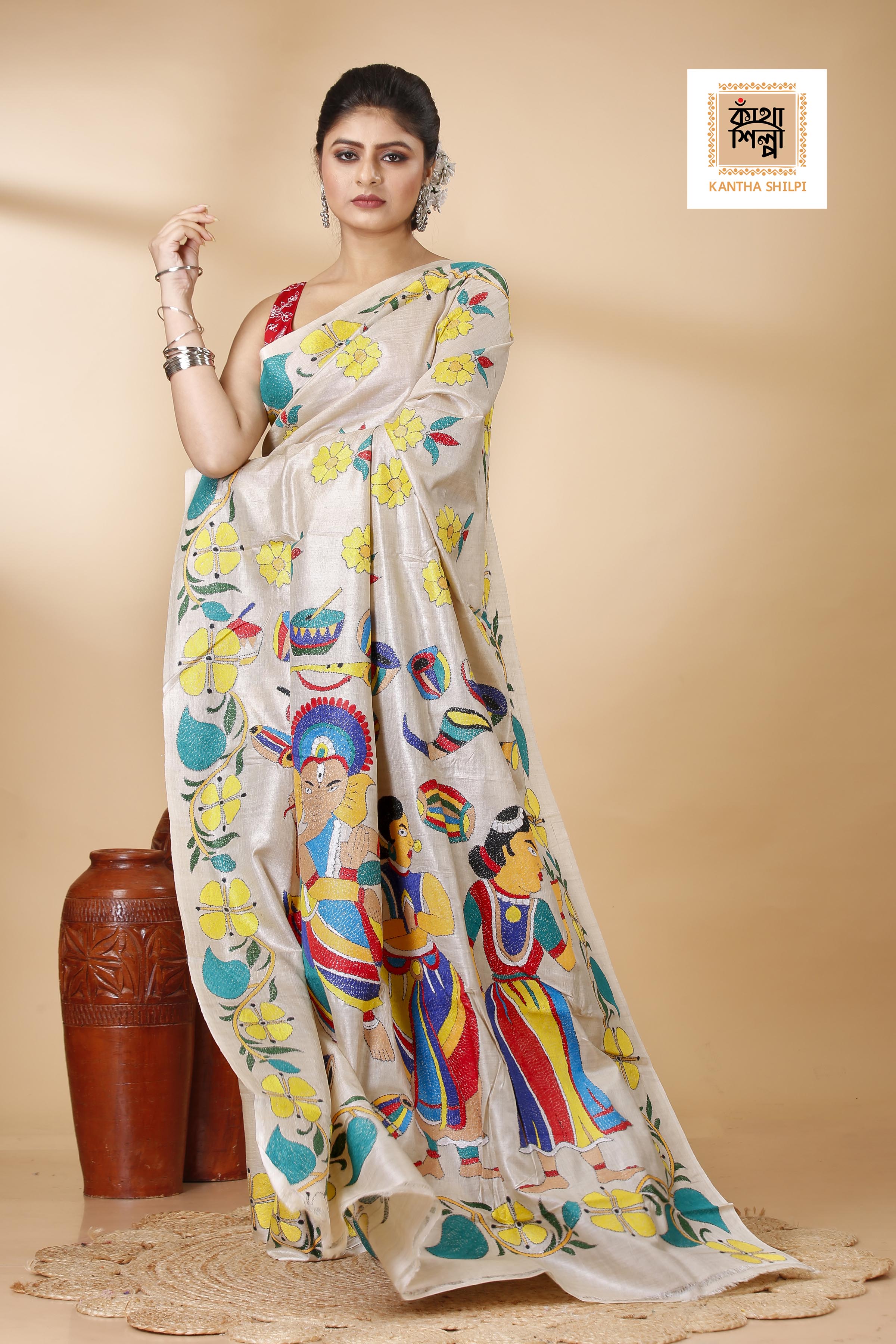 Gachi Tussar Multicolor Thread Work Lord Ganesha and Floral Design Kantha Stitch Saree